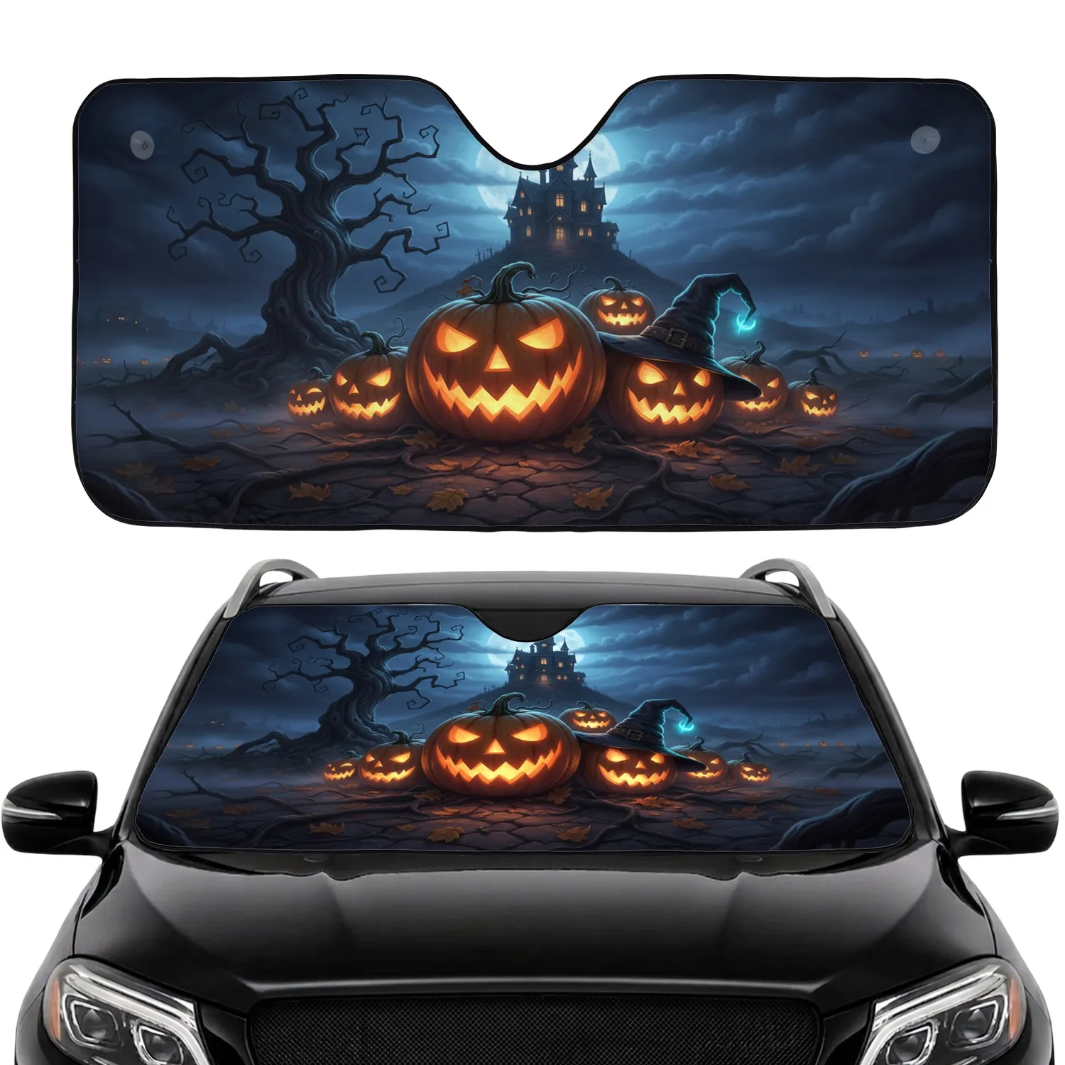 Jack-o'-lantern Haunted Mansion Spooky Tree - Halloween Gift Car Sunshade - 1