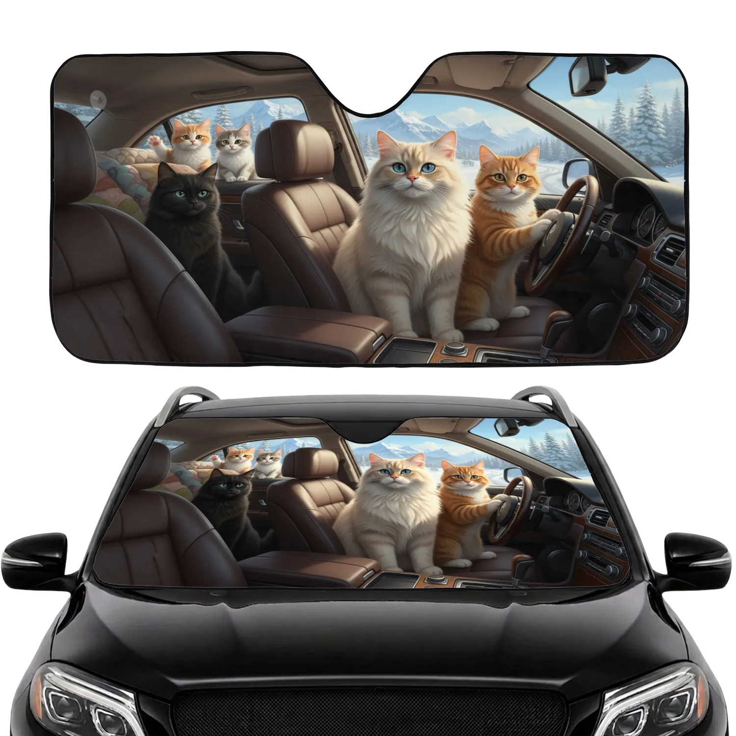 Five Cats Luxury Car Winter Mountain - Cat Lover Travel Essentials Gift Car Sunshade - 1