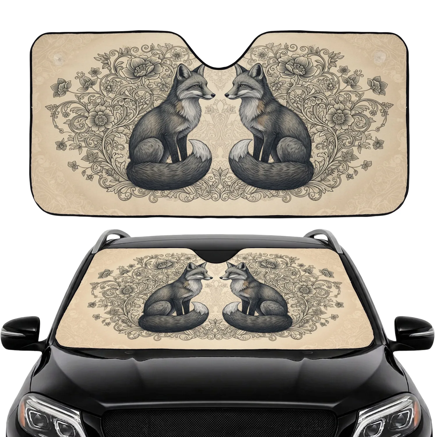Two Foxes Botanical Flowers Leaves Vines - Car Decor Gift for Wildlife Lovers Car Sunshade - 1