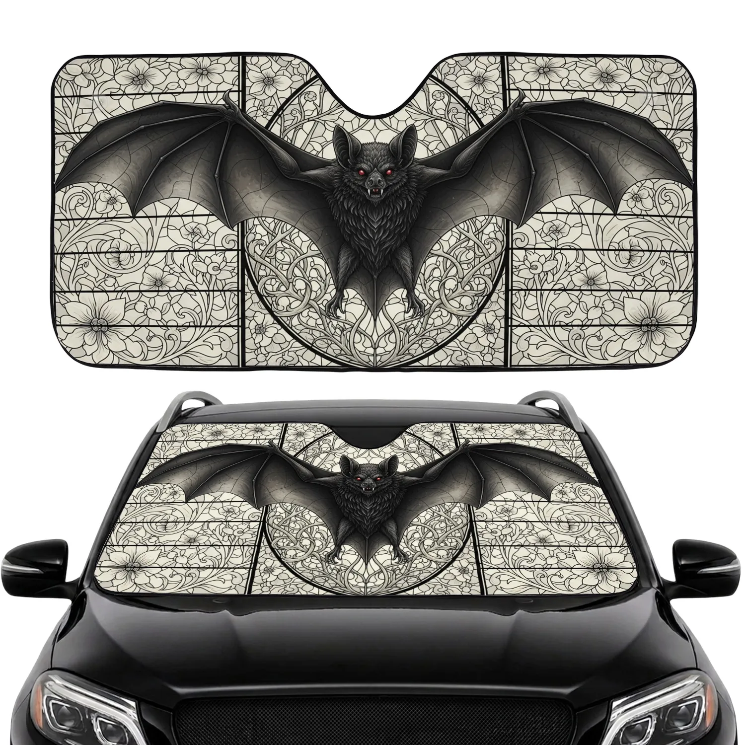 Majestic Bat Red Eyes Gothic Stained Glass Thorny Vines - Dark Fantasy Car Decor Gift Car Sunshade - 1