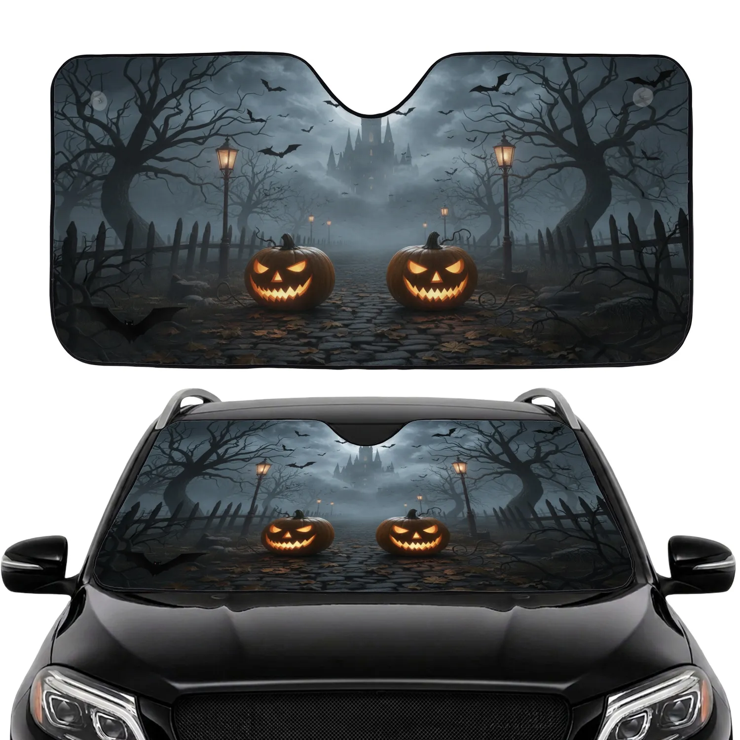 Jack-o'-lanterns Gothic Castle Bats Full Moon Autumn Leaves - Halloween Decor Car Sunshade - 1
