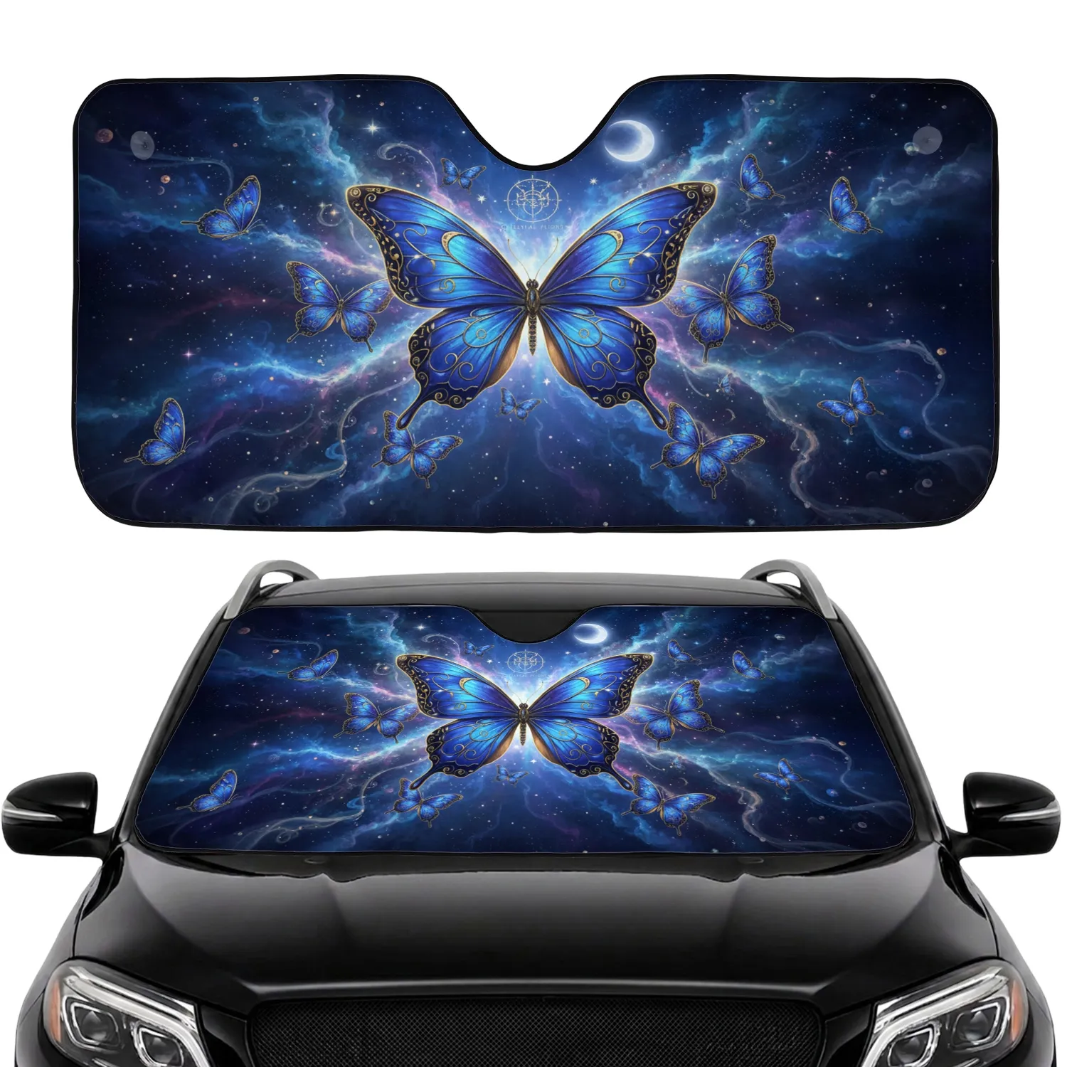 Ornate Butterflies Twinkling Stars Crescent Moon - Cosmic Fantasy Decor Gift Car Sunshade - 1