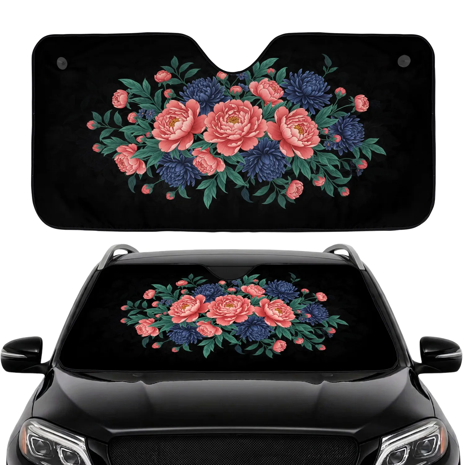 Black Background Peonies Multi-petal Flowers Lush Foliage - Car Decor Gift Car Sunshade - 1