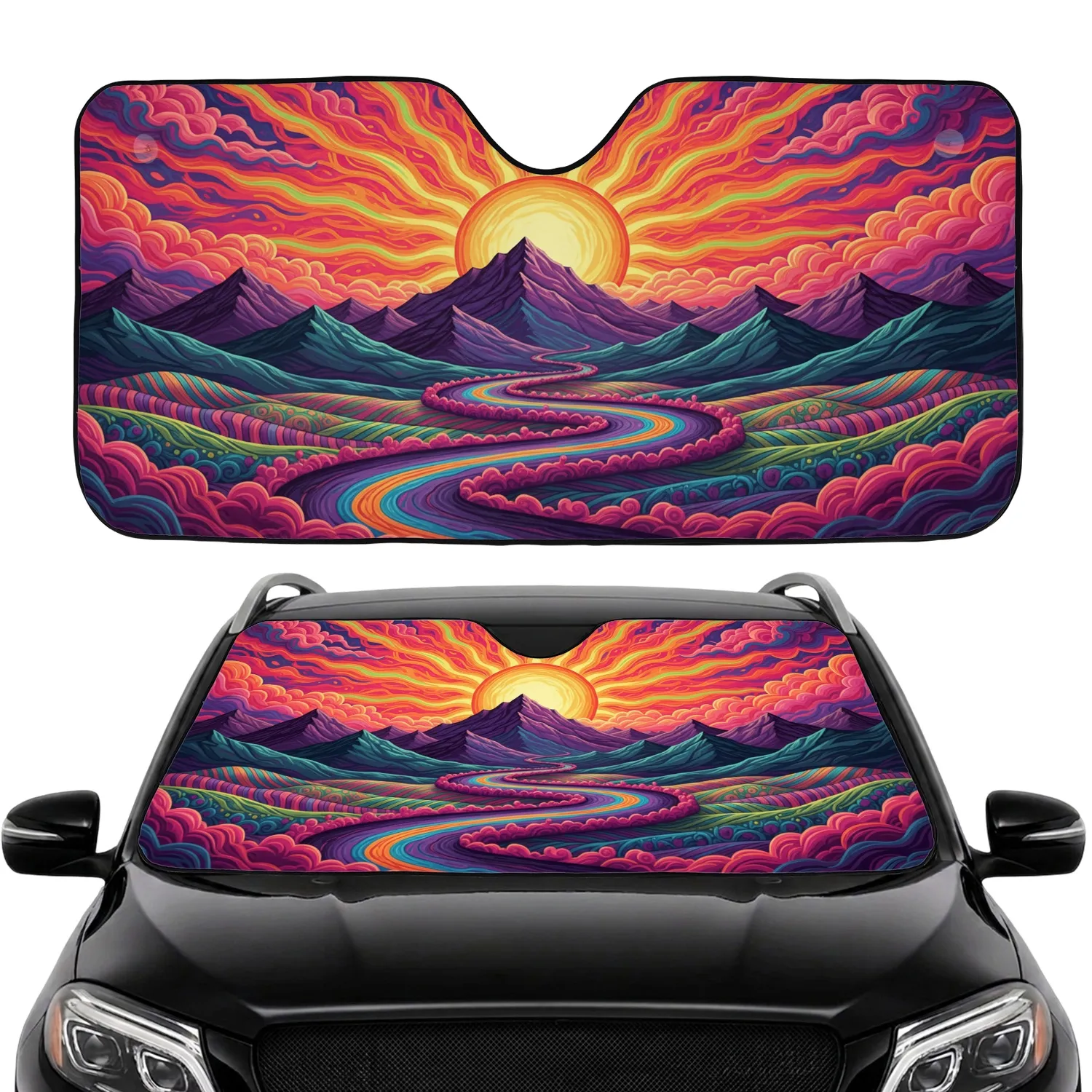 Psychedelic Sunburst Road Mountain Landscape - Road Trip Essentials Car Sunshade - 1