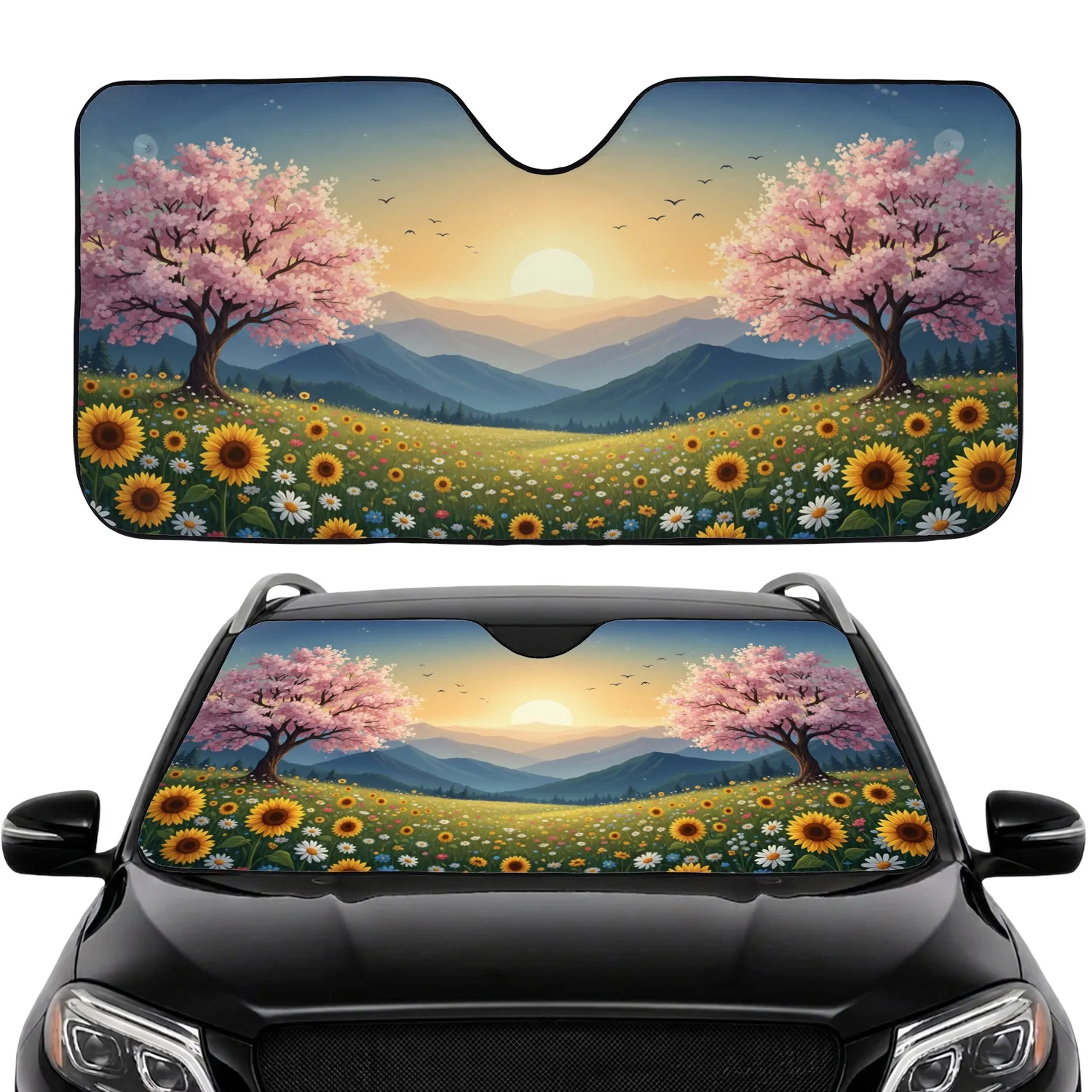 Wildflower Meadow Cherry Blossom Mountain Golden Sun - Nature Lover Gift Car Sunshade - 1
