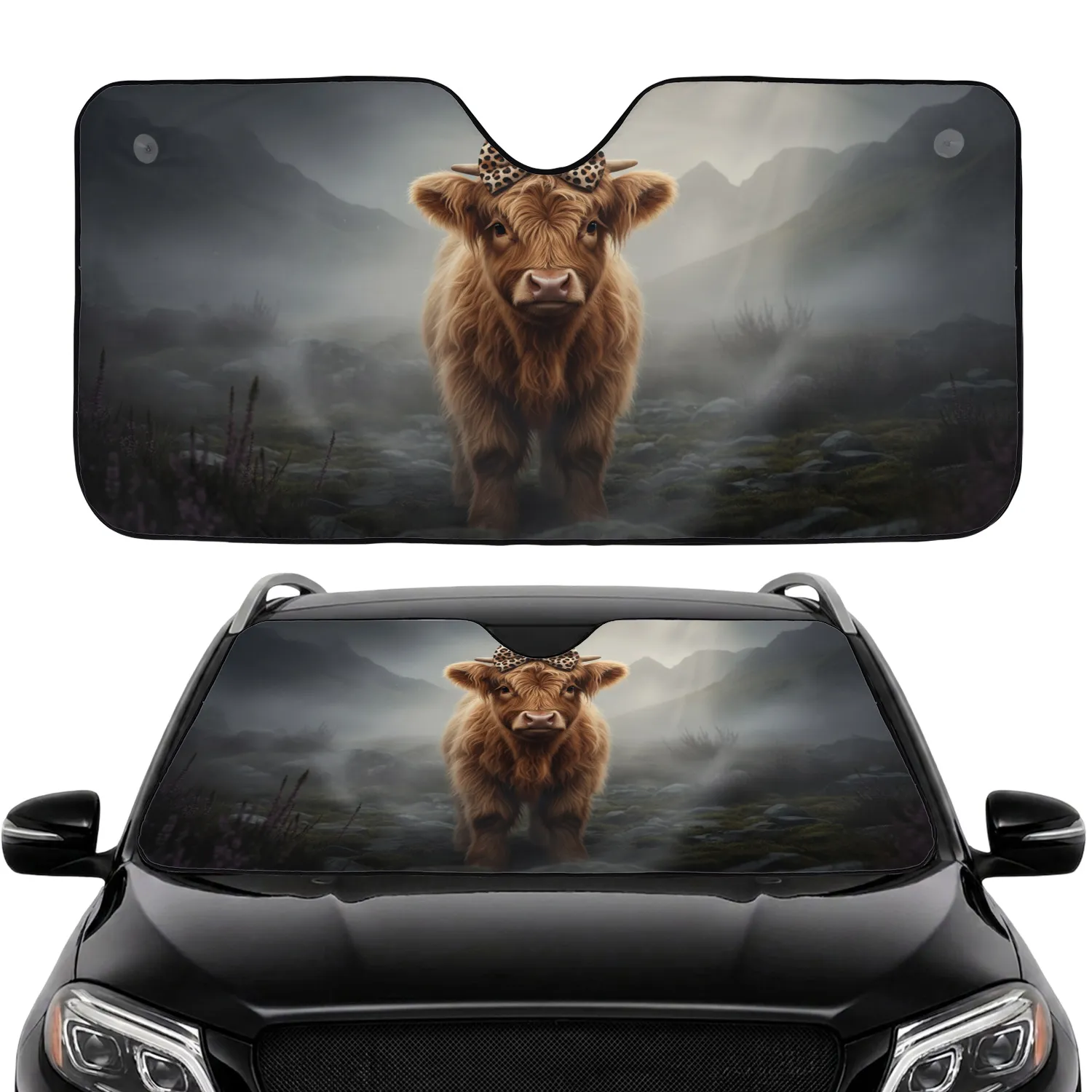 Highland Cow Calf Leopard Bow - Scottish Highlands Wildlife Lover Gift Car Sunshade - 1