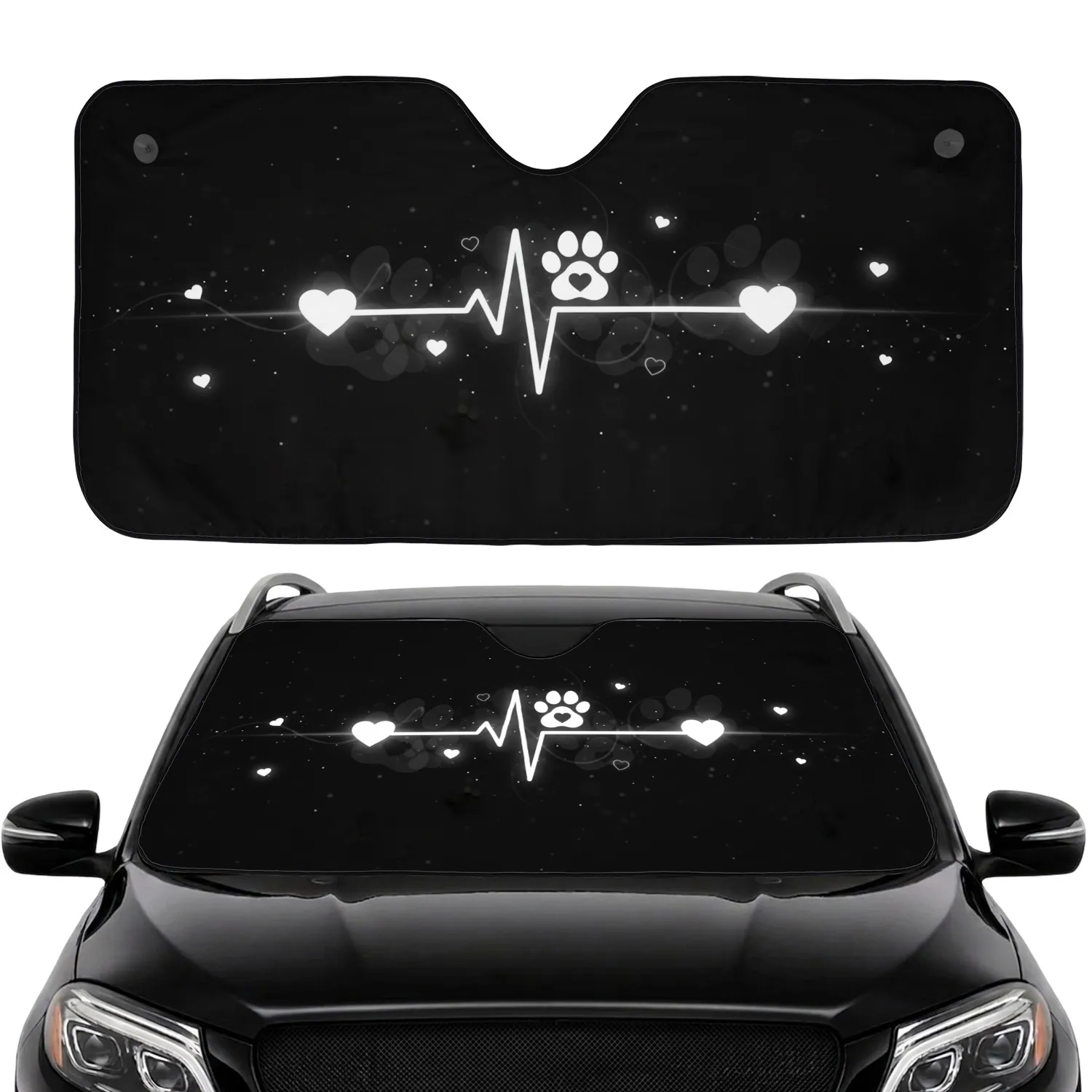 White Paw Print ECG Heartbeat Line Hearts - Pet Lover Appreciation Gift Car Sunshade - 1