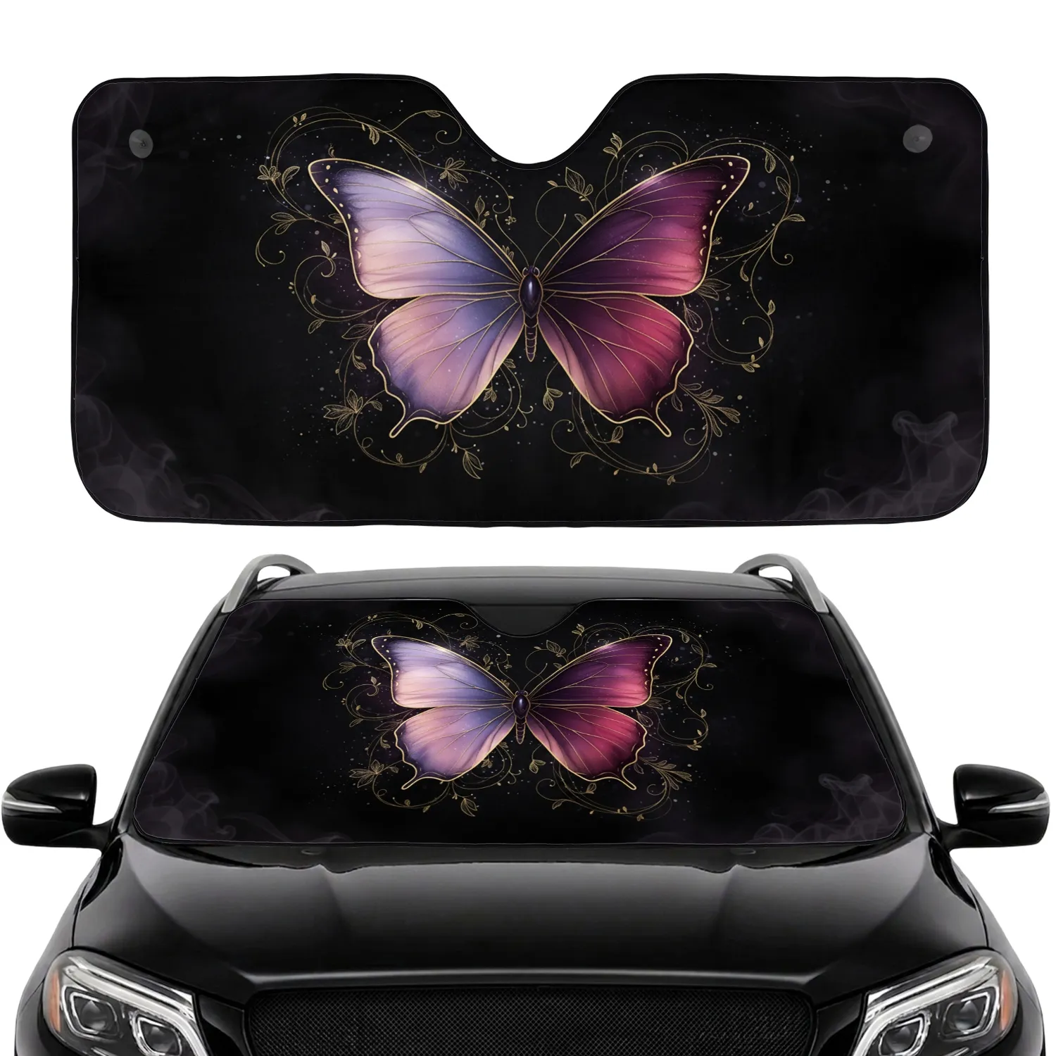 Iridescent Plum Lavender Butterfly Golden Swirl Black Velvet - Car Decor Gift Car Sunshade - 1