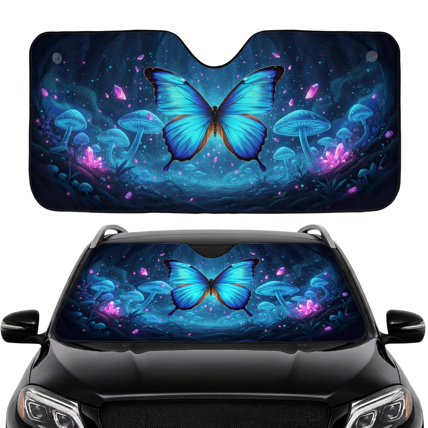 Iridescent Morpho Butterfly Glowing Mushrooms Forest Night Car Decor Gift Car Sunshade - 1