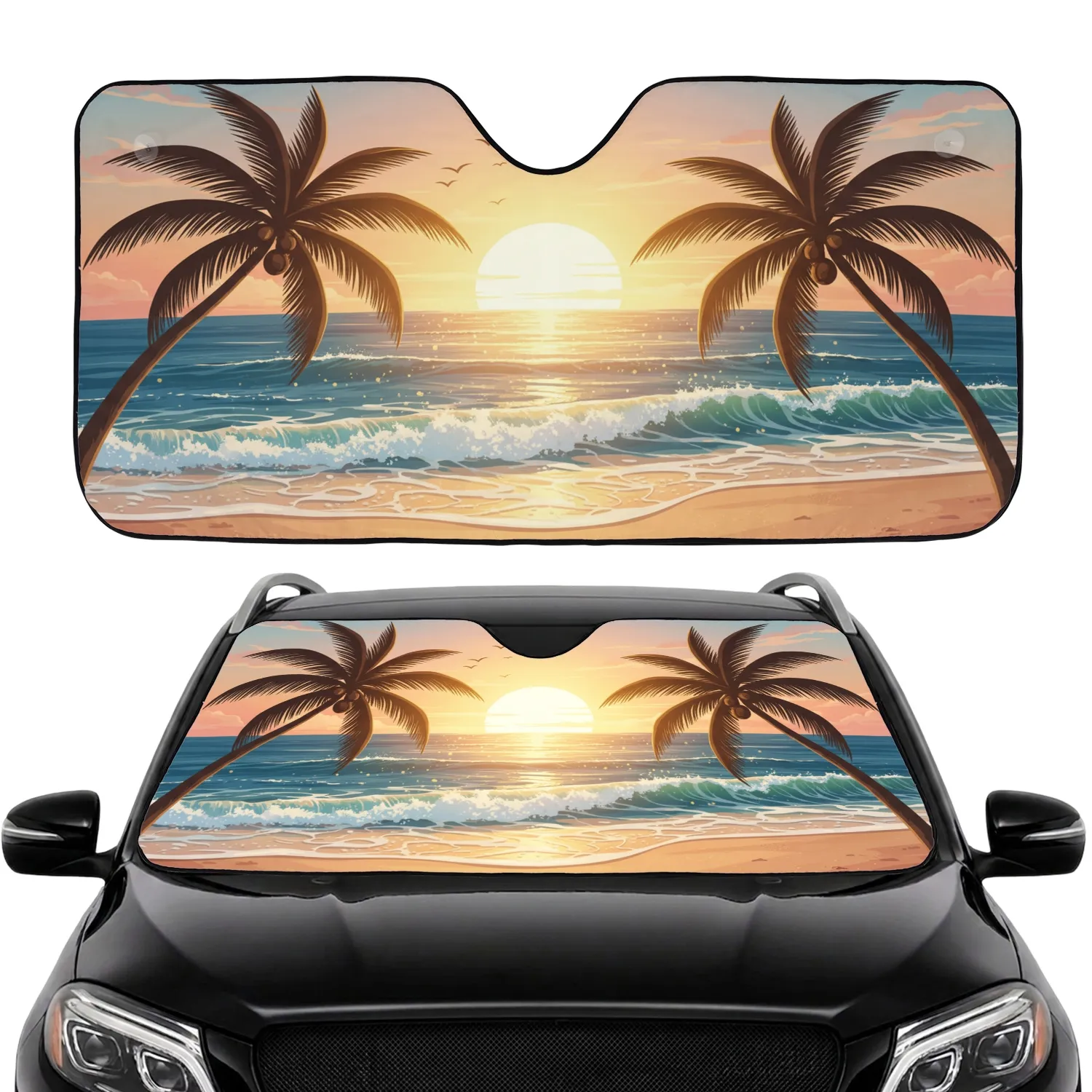 Tropical Sunset Palm Trees Ocean Beach - Travel Essentials Gift Car Sunshade - 1