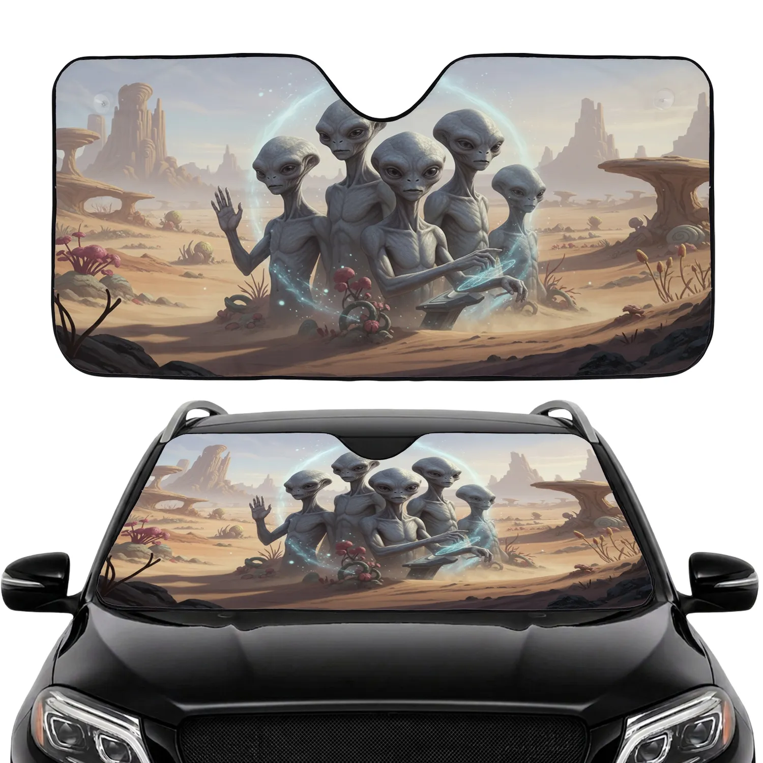 Grey Extraterrestrial Crew Alien World - Cosmic Exploration Journey Auto Essentials Car Sunshade - 1