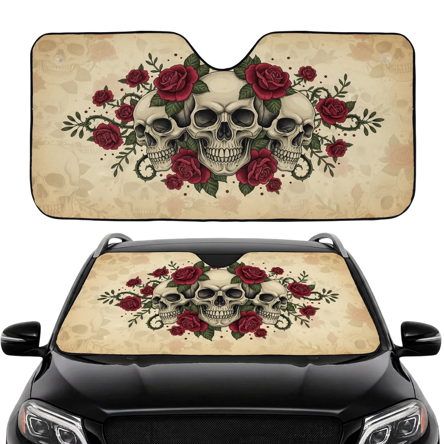 Aged Parchment Skulls Crimson Roses Dark Foliage - Gothic Lover Halloween Car Decor Gift Car Sunshade - 1