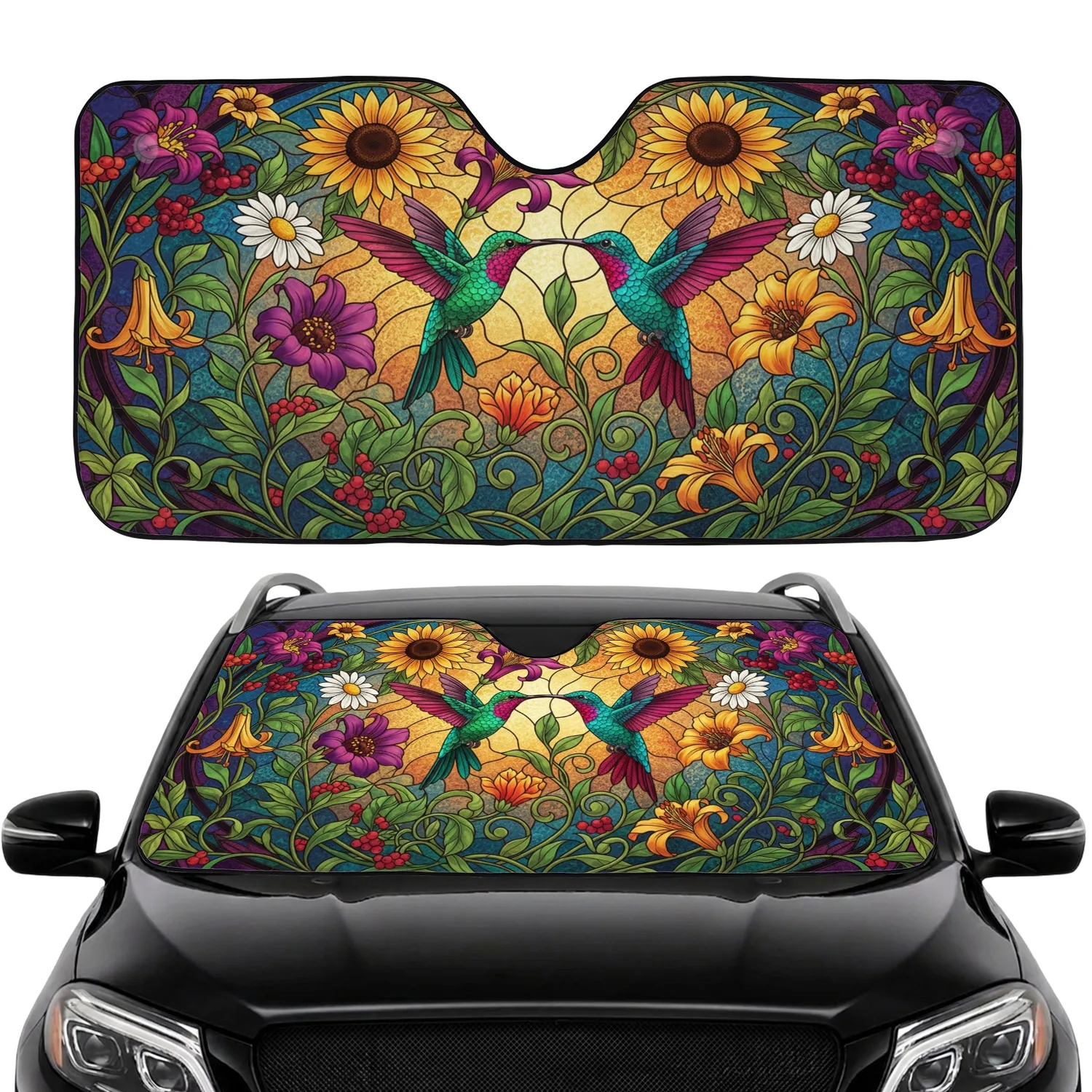 Luminous Hummingbird Stained Glass Floral Garden - Everyday Nature Lover Gift Car Sunshade - 1