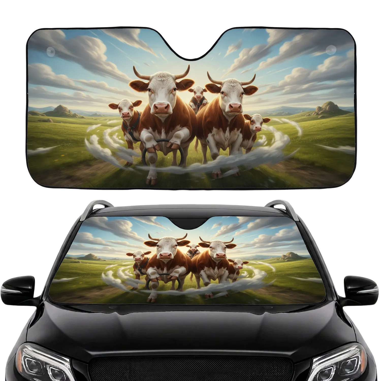 Funny Hereford Cow Family Driving Road Trip - Everyday Car Decor Gift for Cow Lover Car Sunshade - 1