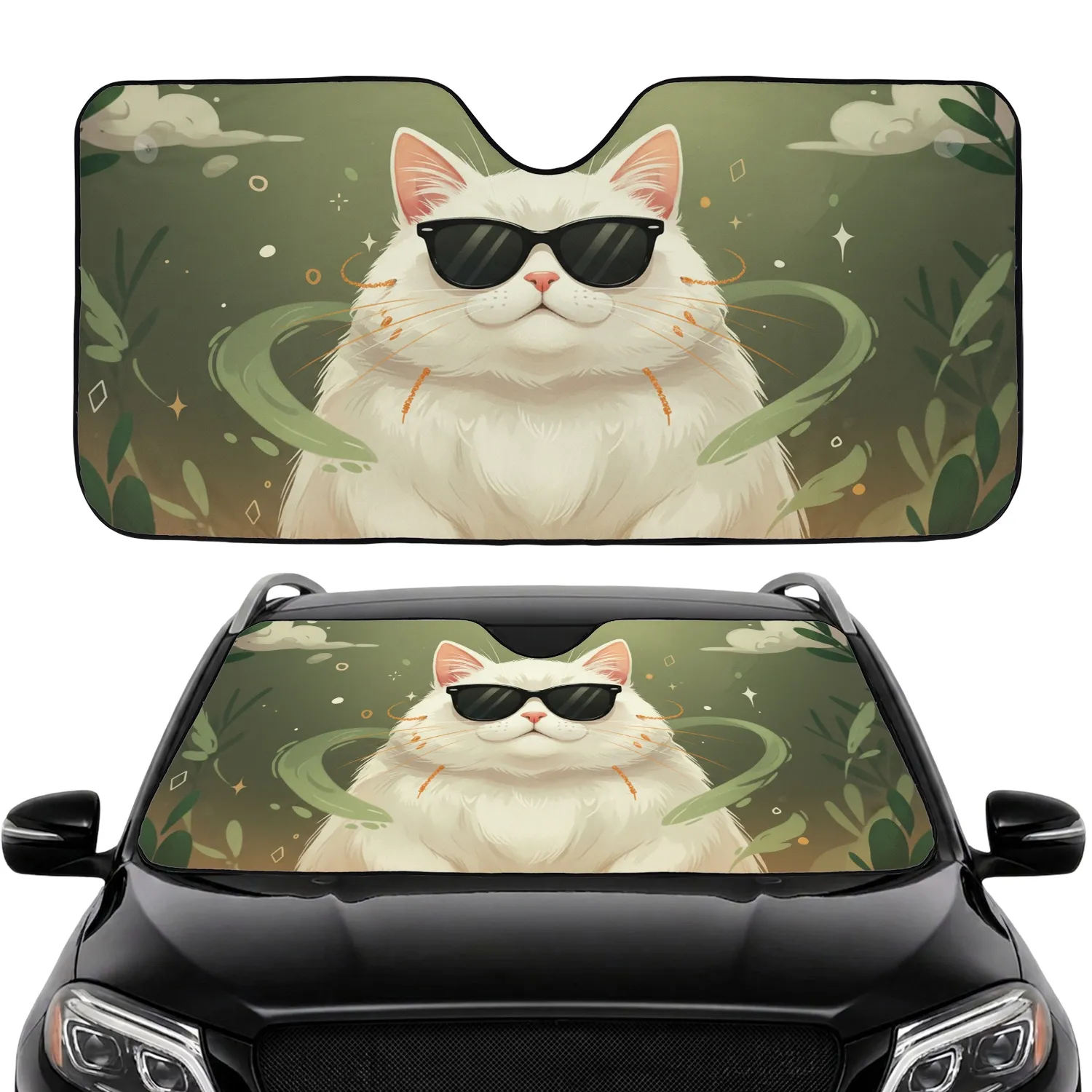 Plump White Cat Black Sunglasses Orange Whiskers Pink Ears Lush Greens - Cat Lover Gift Car Sunshade - 1