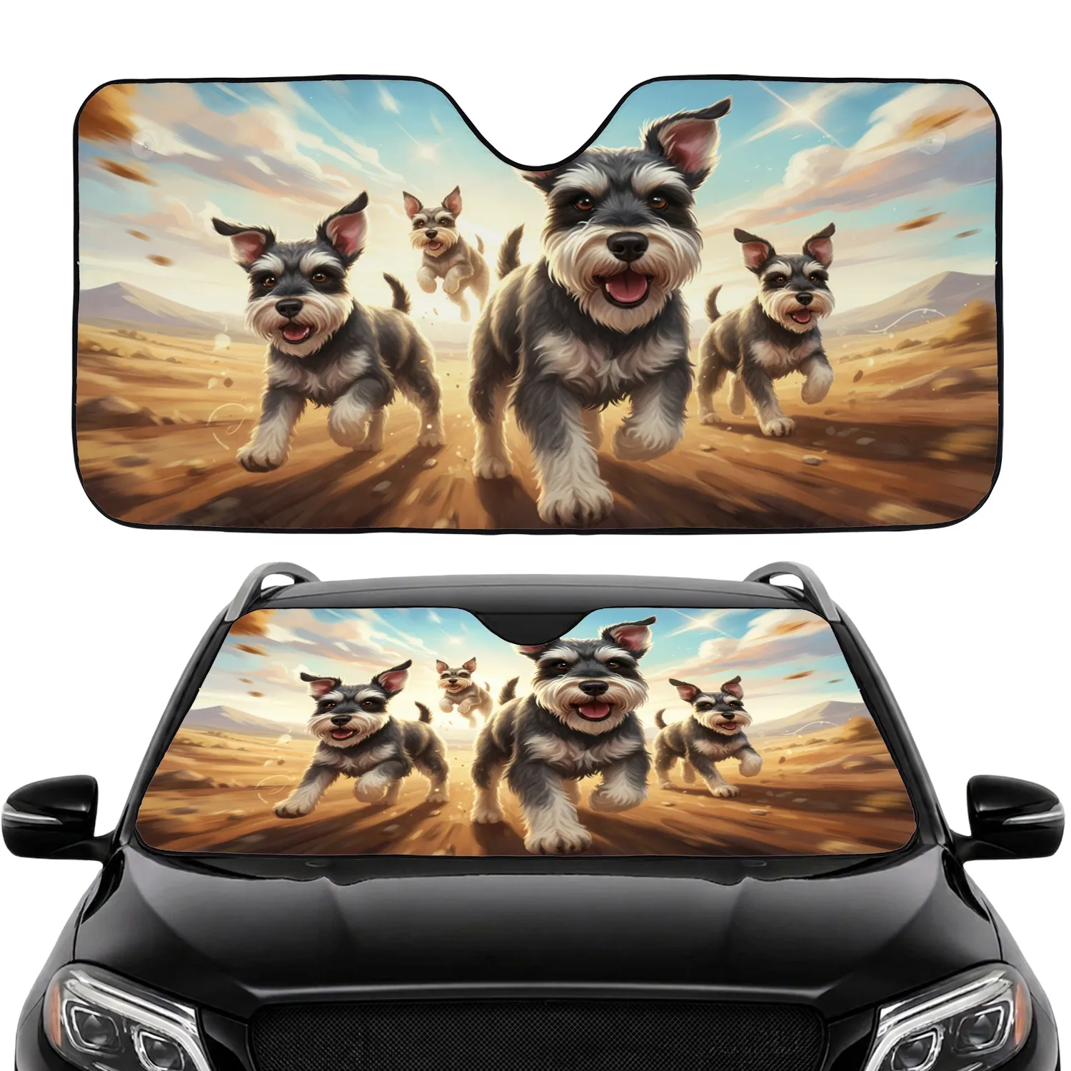 Miniature Schnauzer Dogs Adventure Landscape - Dog Lover Travel Gift Car Sunshade - 1