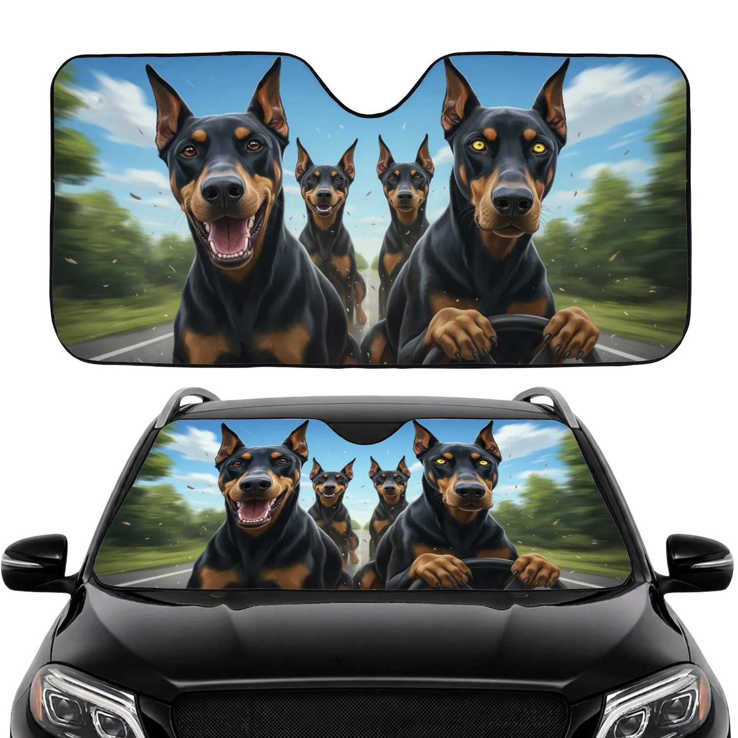Five Doberman Pinschers Driving Open Road Trip Adventure - Dog Lover Gift Car Sunshade - 1