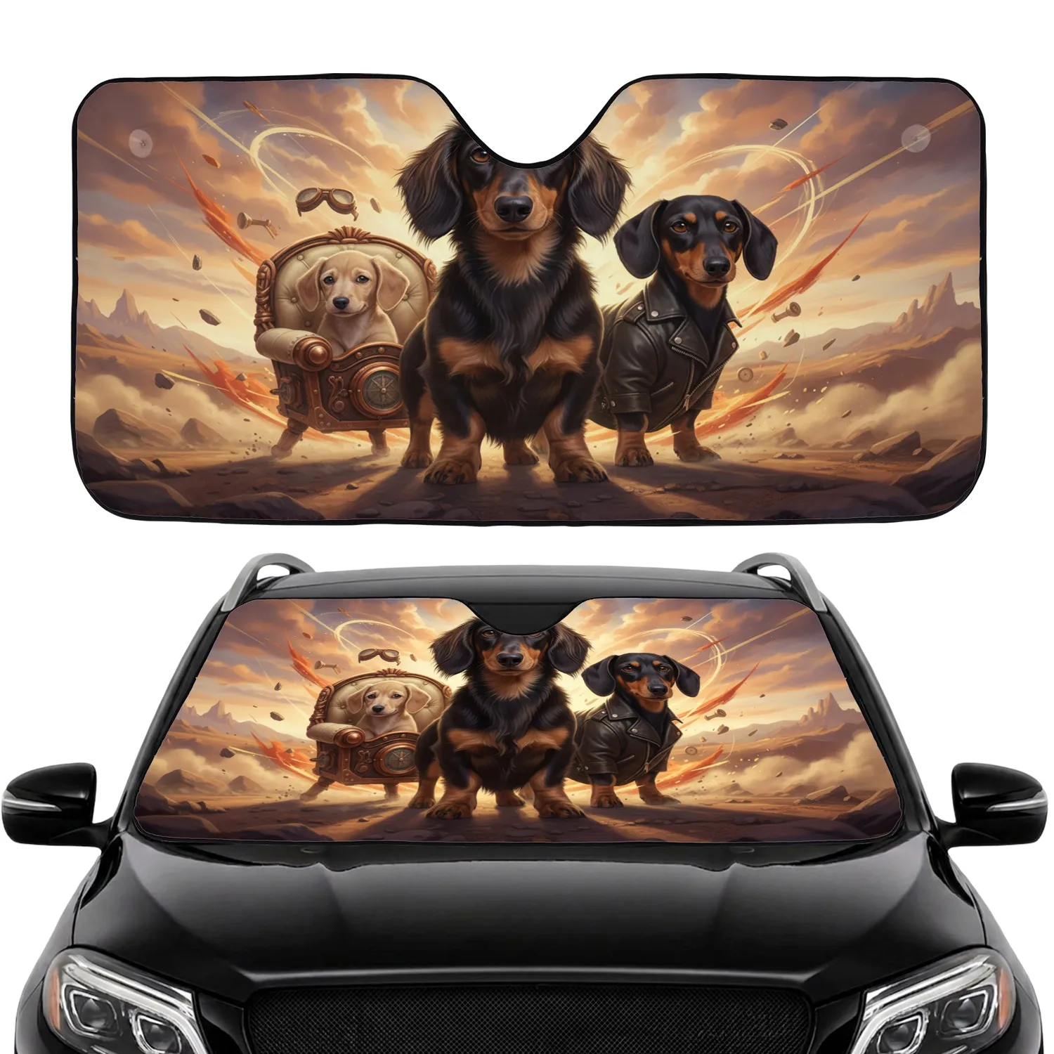 Dachshunds Biker Puppy Golden Hour Adventure - Dog Lover Auto Decor Gift Car Sunshade - 1