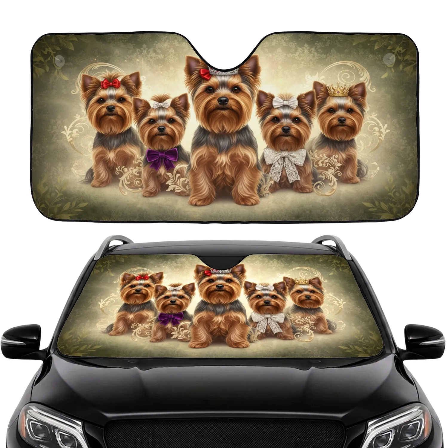 Highly Detailed Realistic Yorkie Dogs Regal Crowns Bows - Pet Lover Gift Car Sunshade - 1