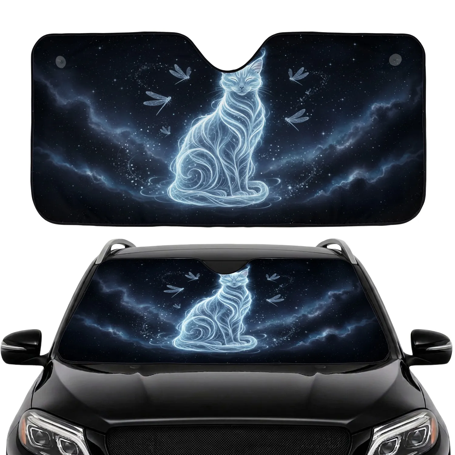 Mystical Feline Glowing Dragonflies Cosmic Sky - Fantasy Lover Gift Car Sunshade - 1