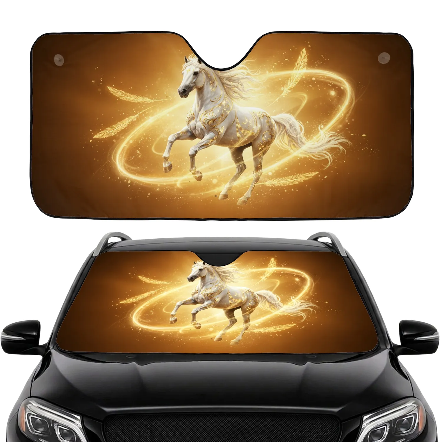 Majestic White Horse Golden Patterns Radiant Light - Car Decor Gift for Fantasy Lover Car Sunshade - 1