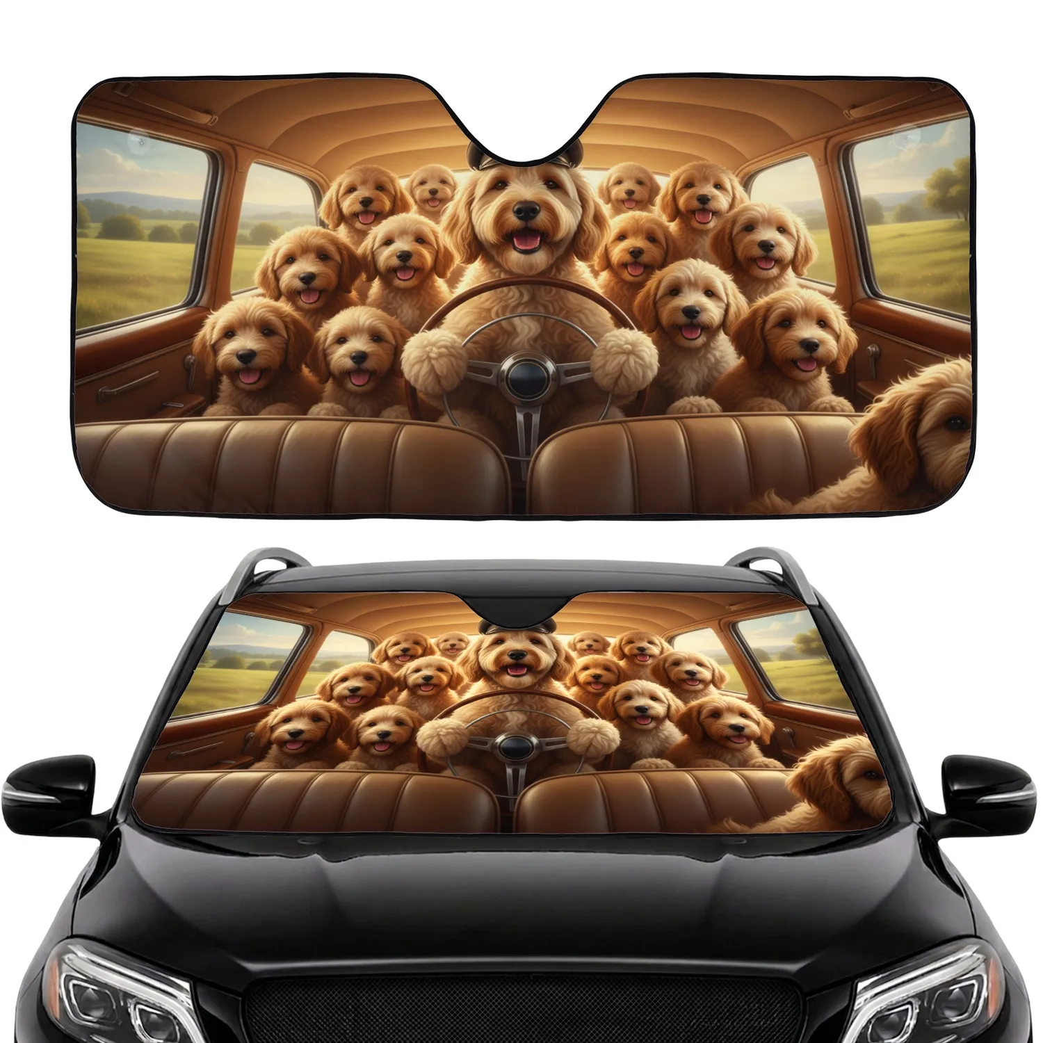 Smiling Golden Retriever Driving Classic Car with Puppies - Dog Lover Road Trip Gift Car Sunshade - 1