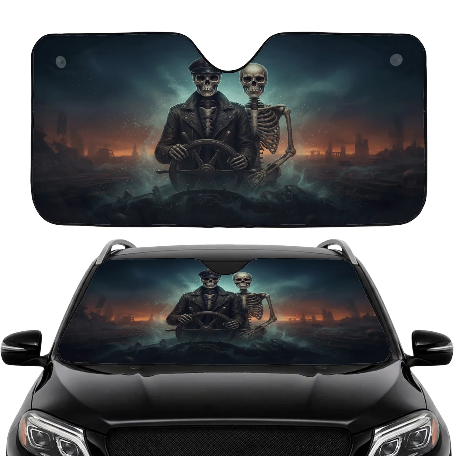 Weathered Skeletons Driving Vintage Wheel - Haunting Vehicle Interior Decor Car Sunshade - 1