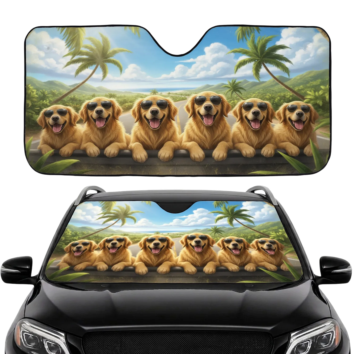 Golden Retrievers Sunglasses Tropical Coastal Road Trip - Travel Essentials Gift Car Sunshade - 1