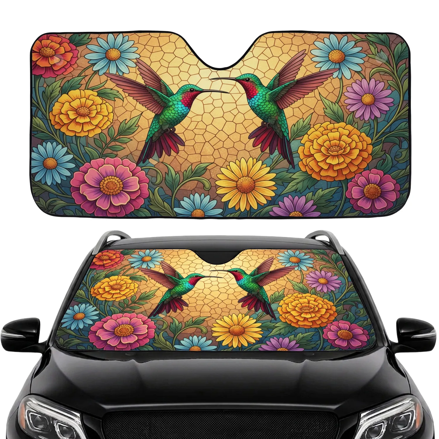Graceful Hummingbirds Blossom Stained Glass Mosaic - Bird Lover Gift Car Sunshade - 1