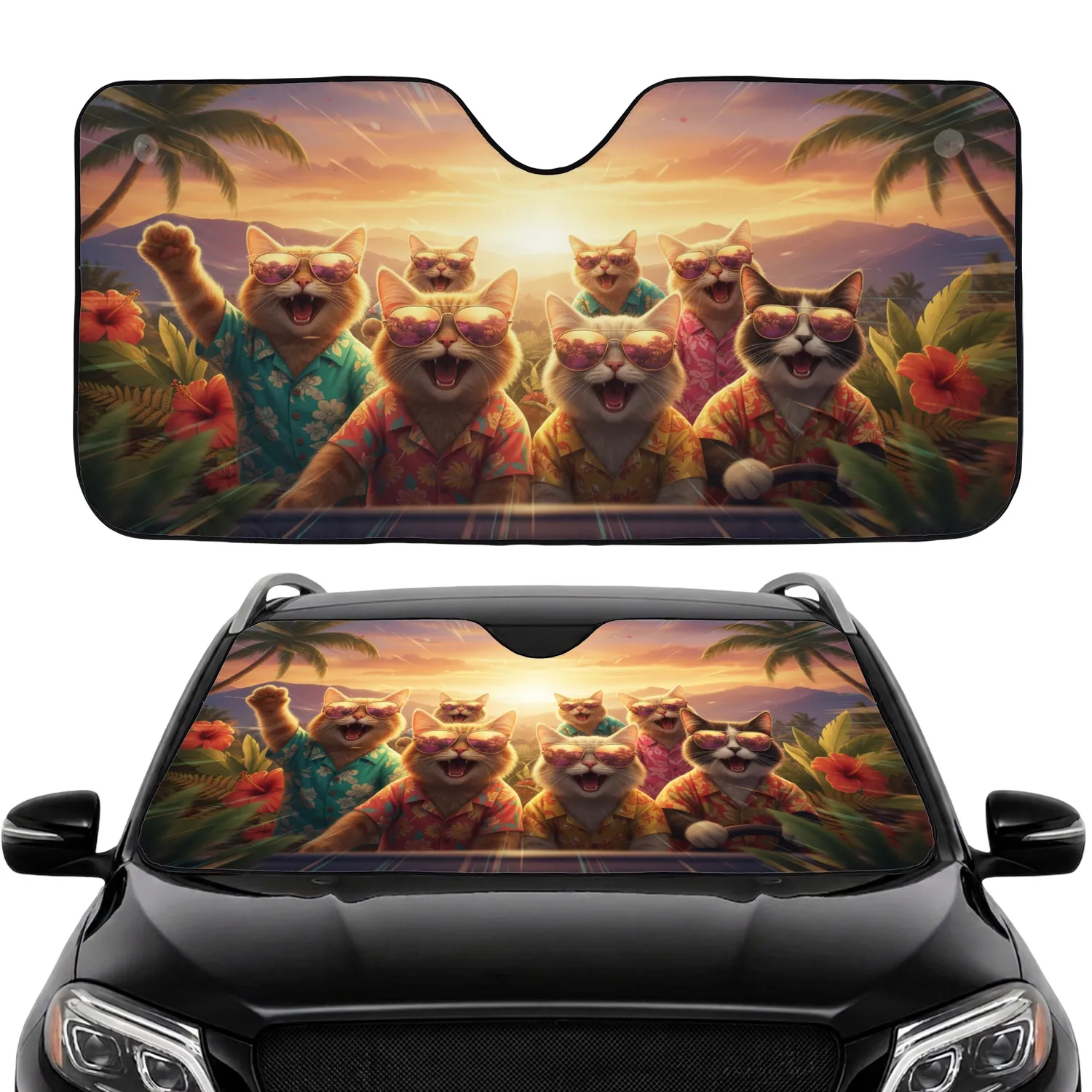 Seven Cats Sunglasses Hawaiian Shirt Tropical Sunset - Adventurous Fun Vehicle Gift Car Sunshade - 1