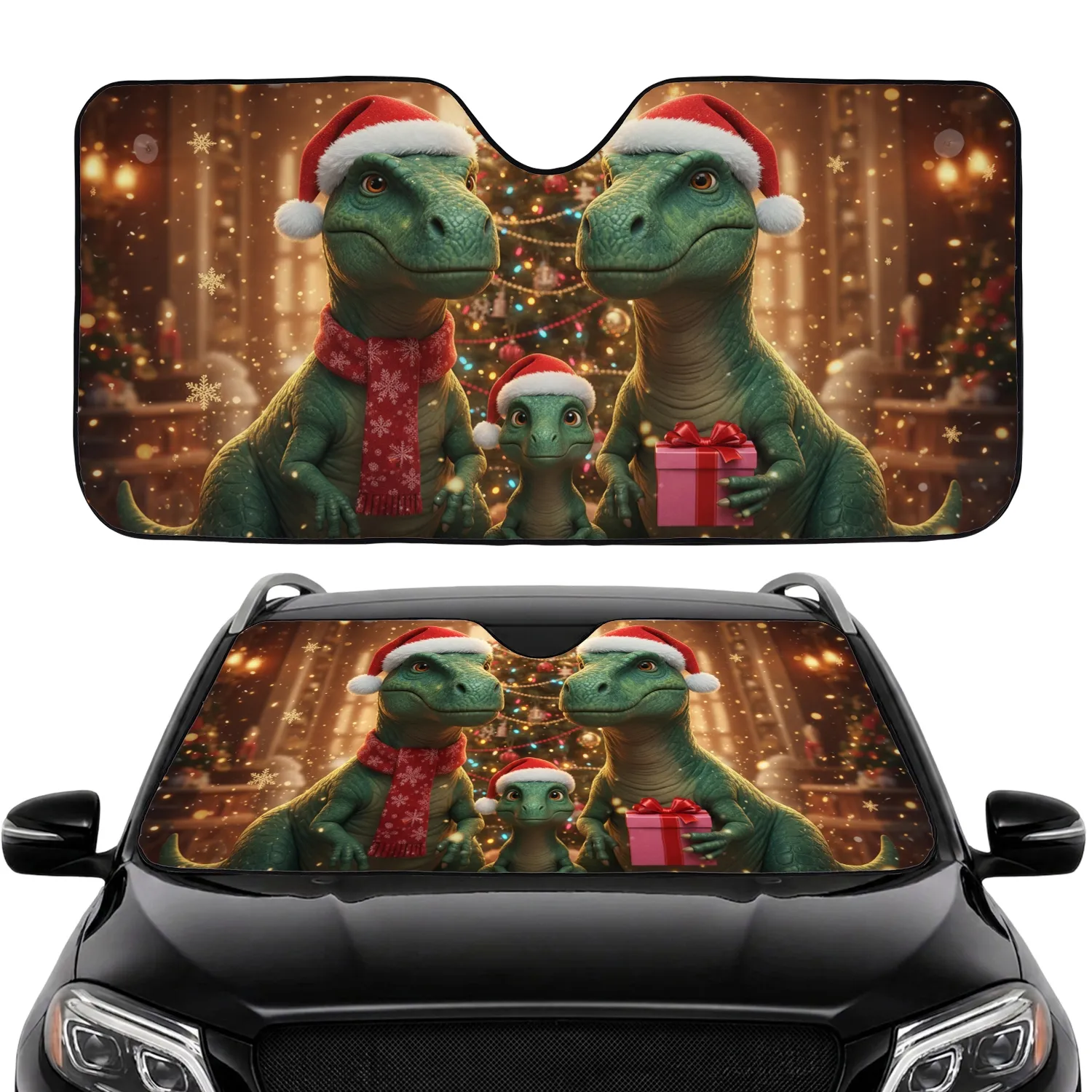 Green Dinosaurs Santa Hats Christmas Tree Snowflakes - Holiday Christmas Gift Car Sunshade - 1