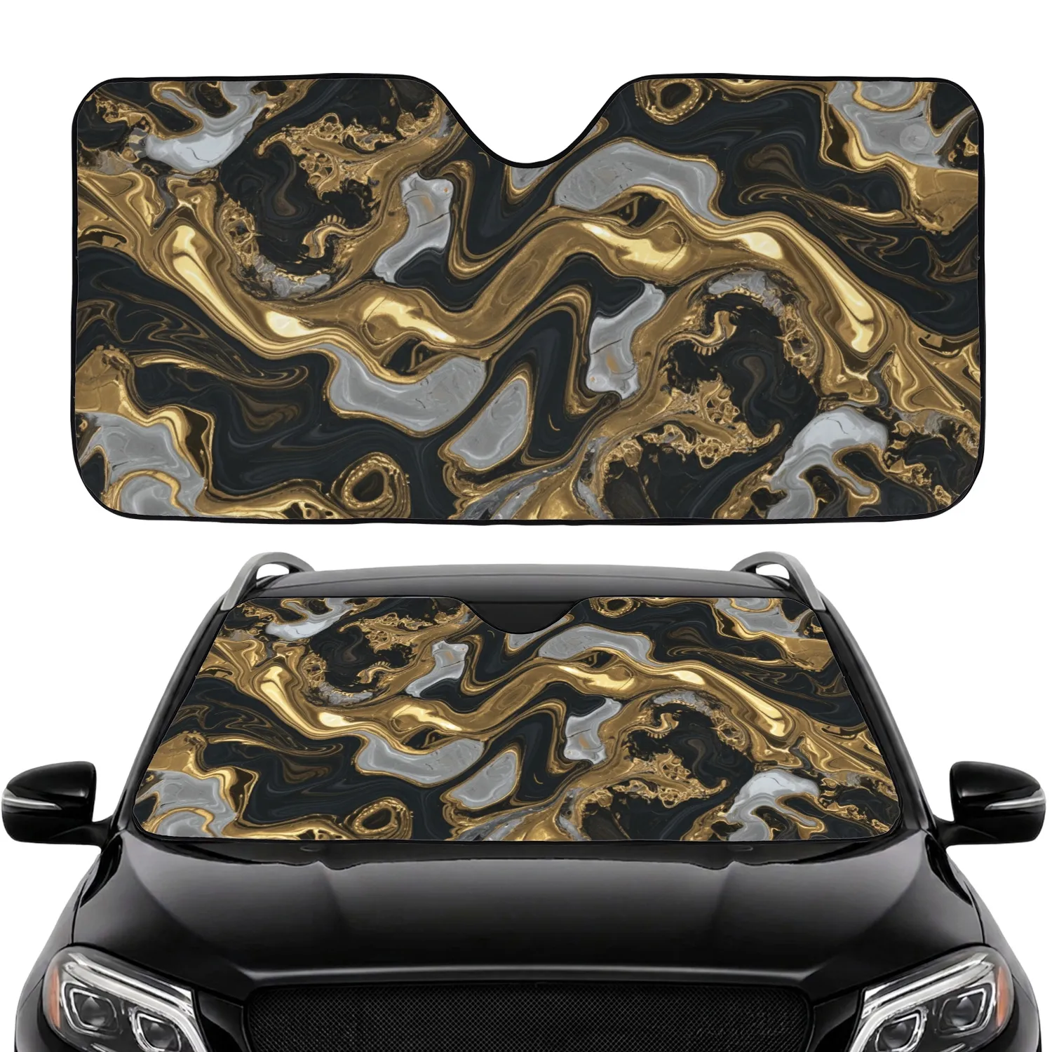 Molten Gold Charcoal Silver Pearl Marbled - Sophisticated Luxury Car Decor Gift Car Sunshade - 1