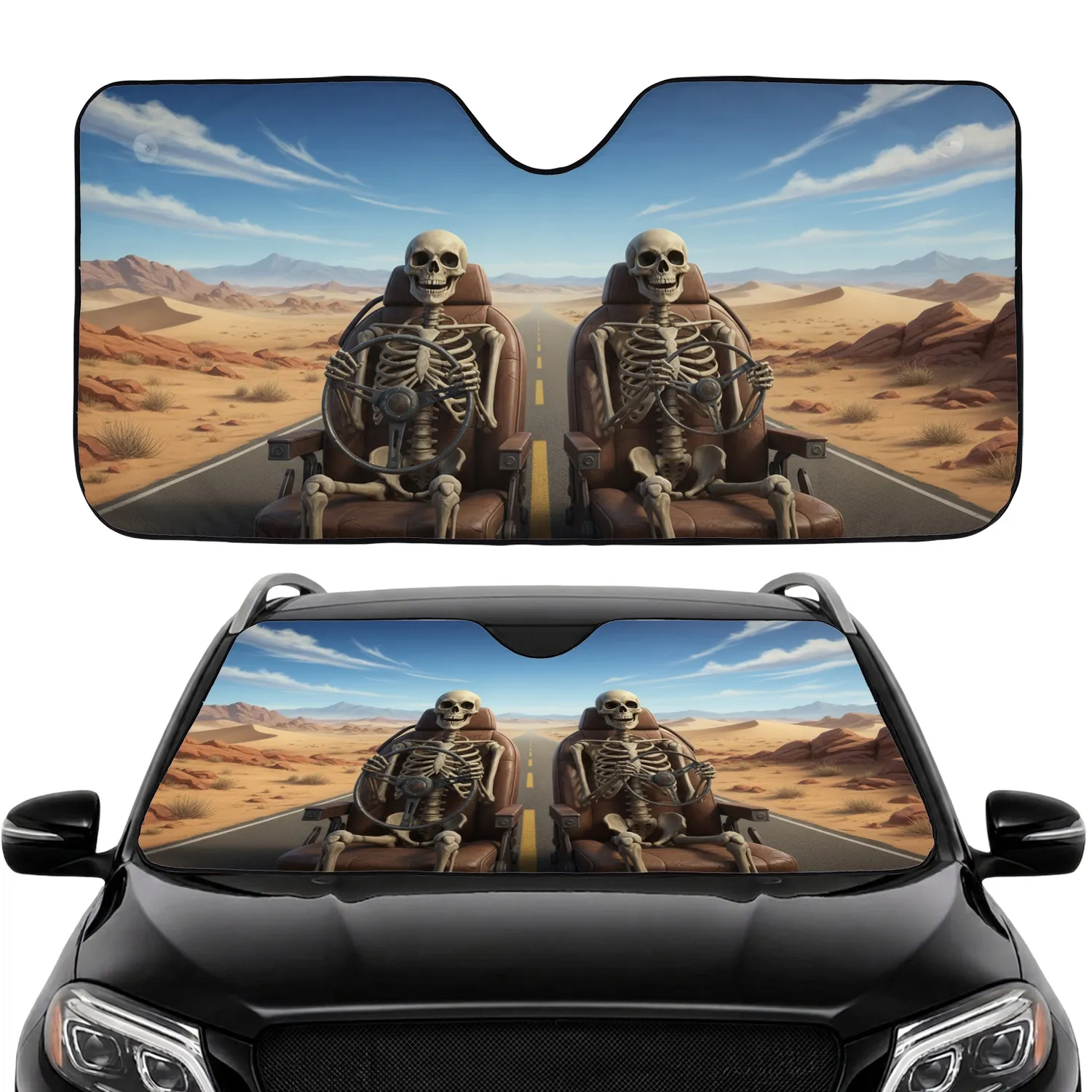 Grinning Skeletons Desert Road Trip - Travel Essentials Gift for Road Trip Lover Car Sunshade - 1