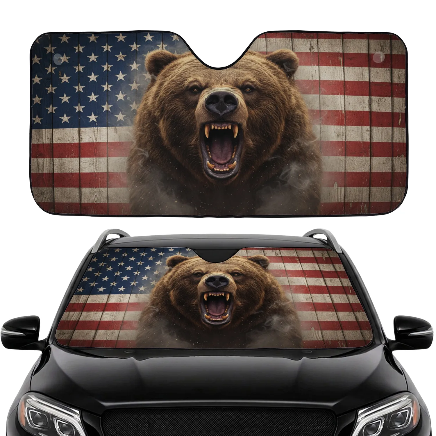 Grizzly Bear Distressed American Flag - Patriotic Wildlife Lover Gift Car Sunshade - 1