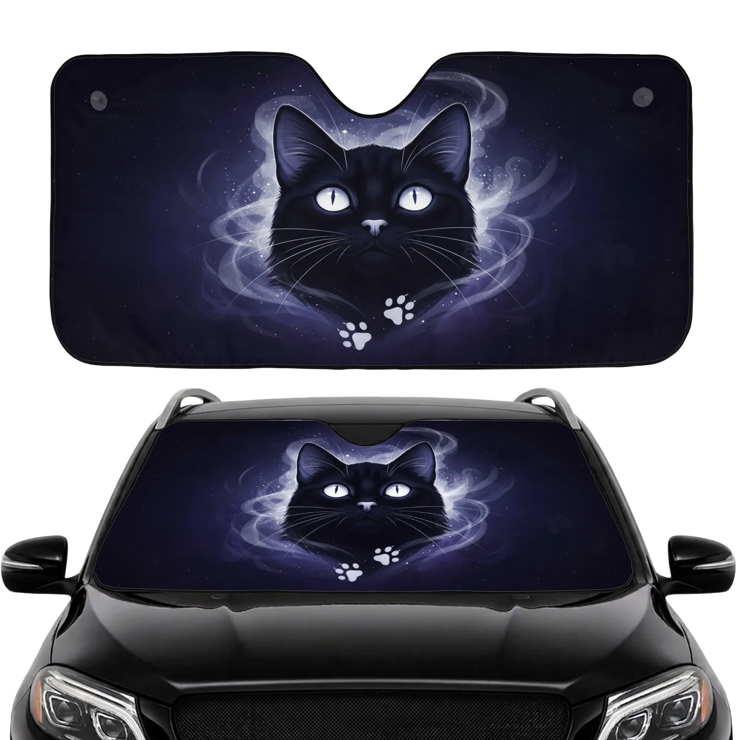 Black Cat Glowing Eyes White Paws Celestial Nightscape - Cat Lover Gift Car Sunshade - 1
