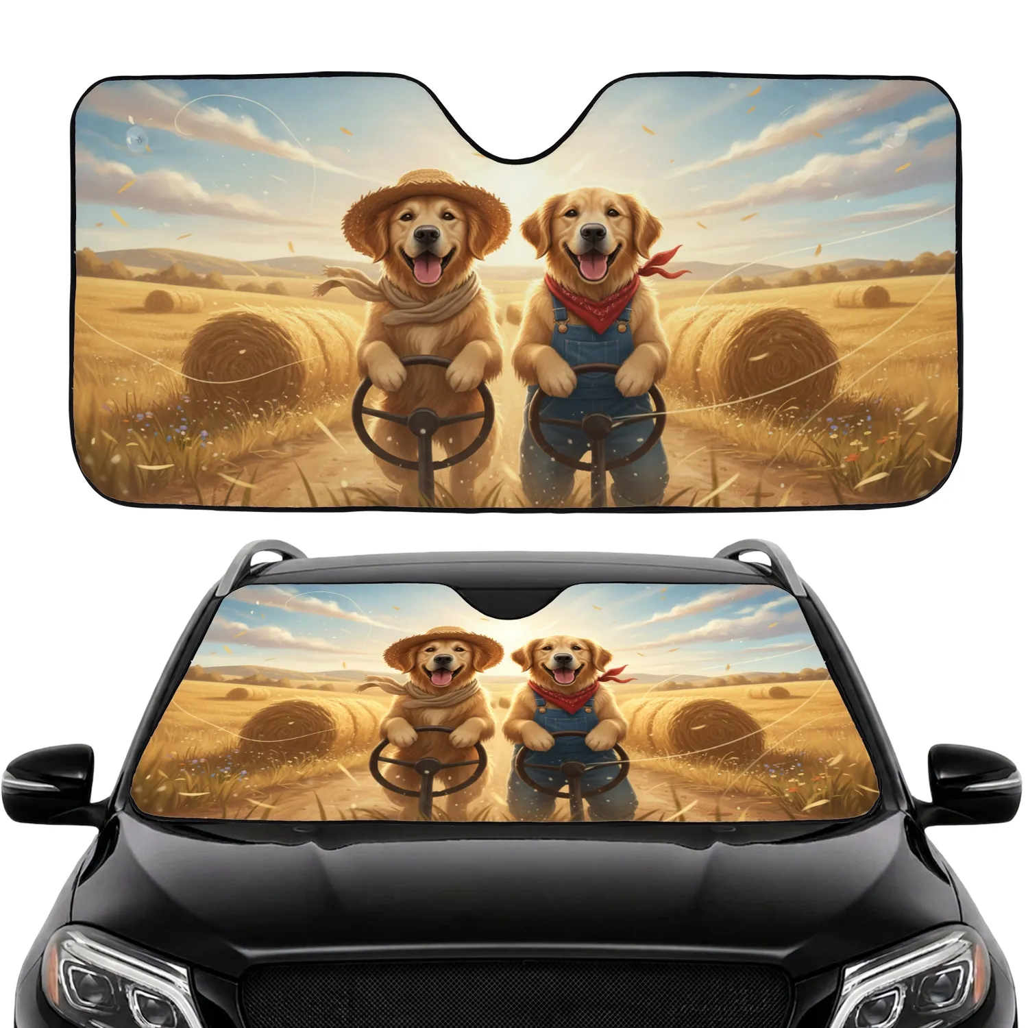 Golden Retrievers Straw Hat Overalls Hay Bales Country Road Trip - Dog Lover Gift Car Sunshade - 1