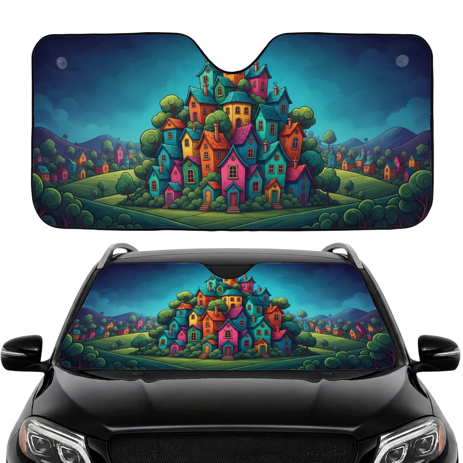 Village Houses Stacked Hillsides Green Trees Deep Blue Sky - Car Decor Gift Car Sunshade - 1