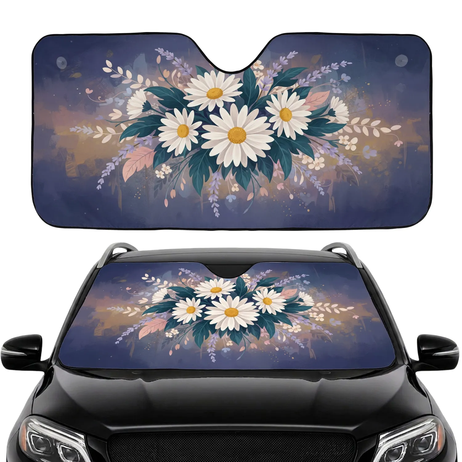 White Daisy Lavender Bouquet Dark Teal Leaf Floral - Nature Lover Car Decor Gift Car Sunshade - 1