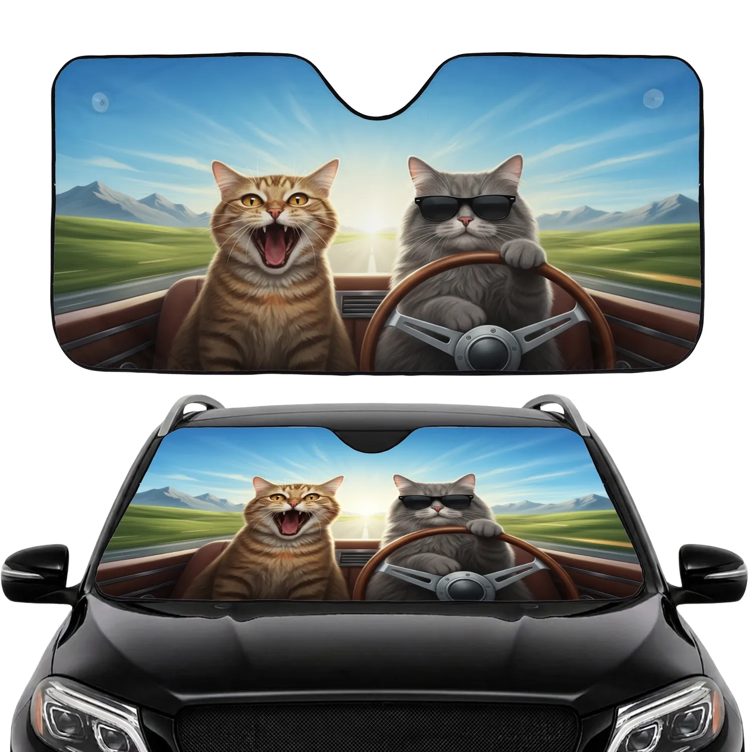 Tabby Cat Yawn Grey Cat Sunglasses Driving Road Trip Essential for Cat Lovers Car Sunshade - 1