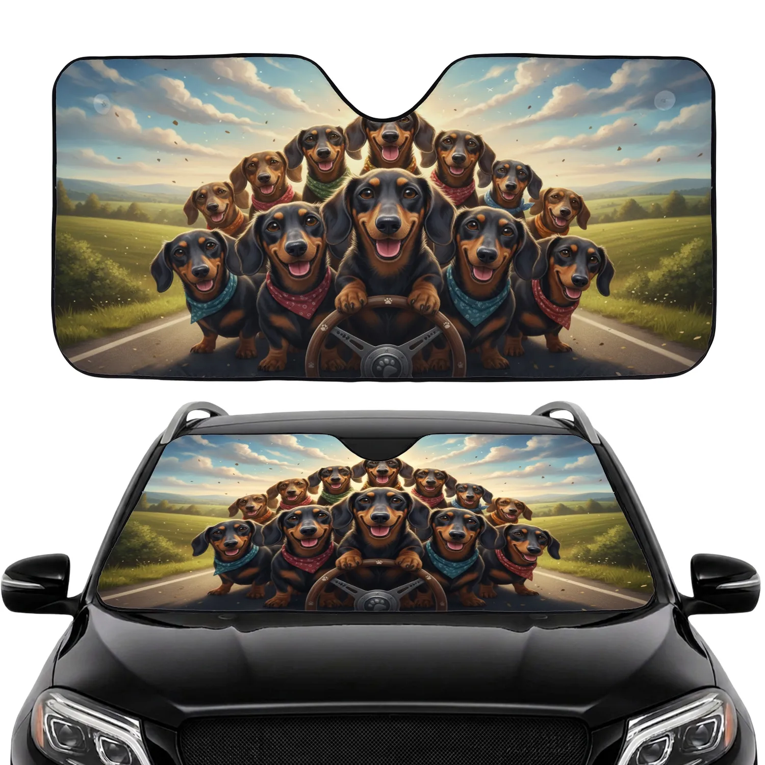 Dachshunds Pack Road Trip Open Road - Dog Lover Driving Adventure Gift Car Sunshade - 1