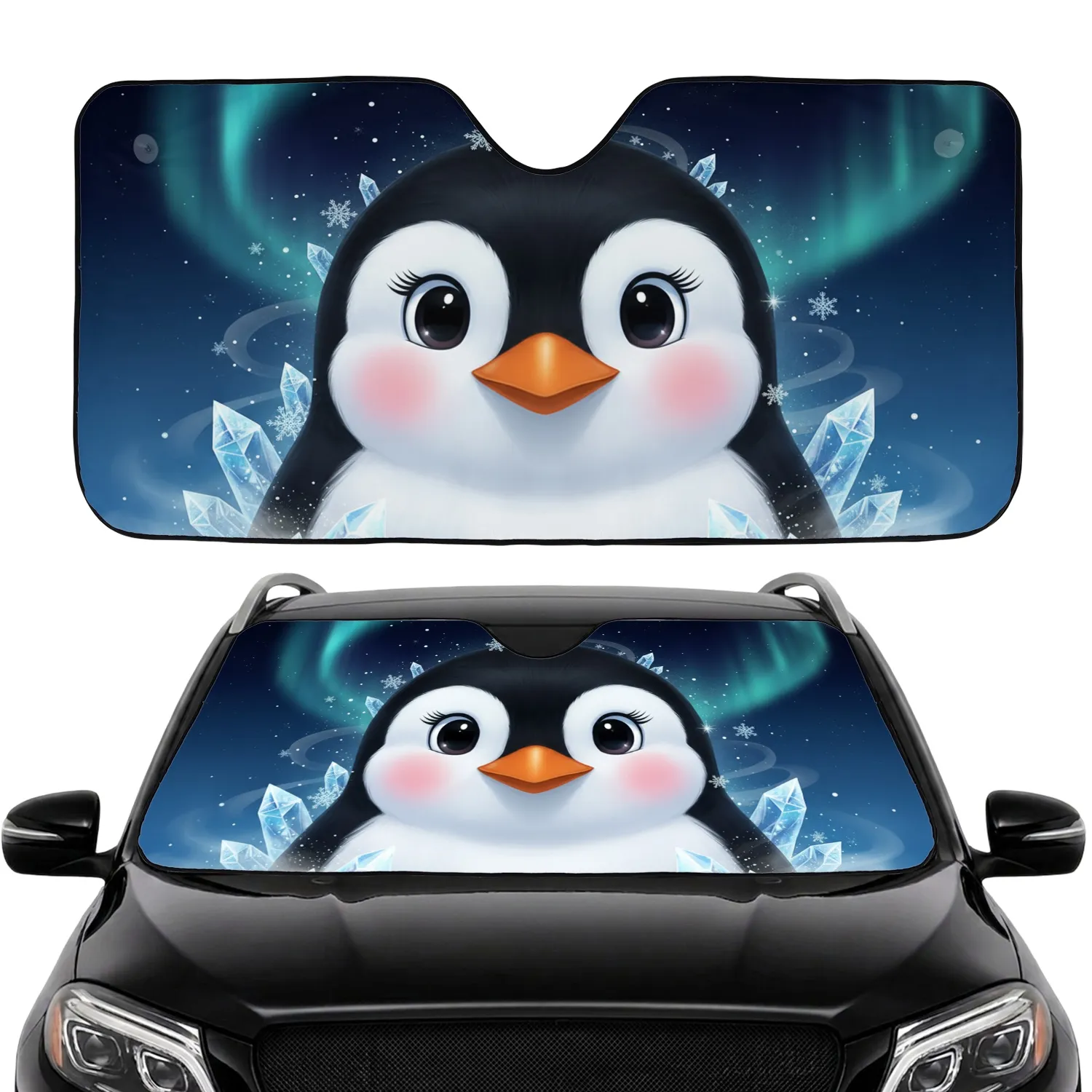 Friendly Penguin Face Ice Crystal Snowflakes Aurora Borealis - Nature Lover Gift Car Sunshade - 1