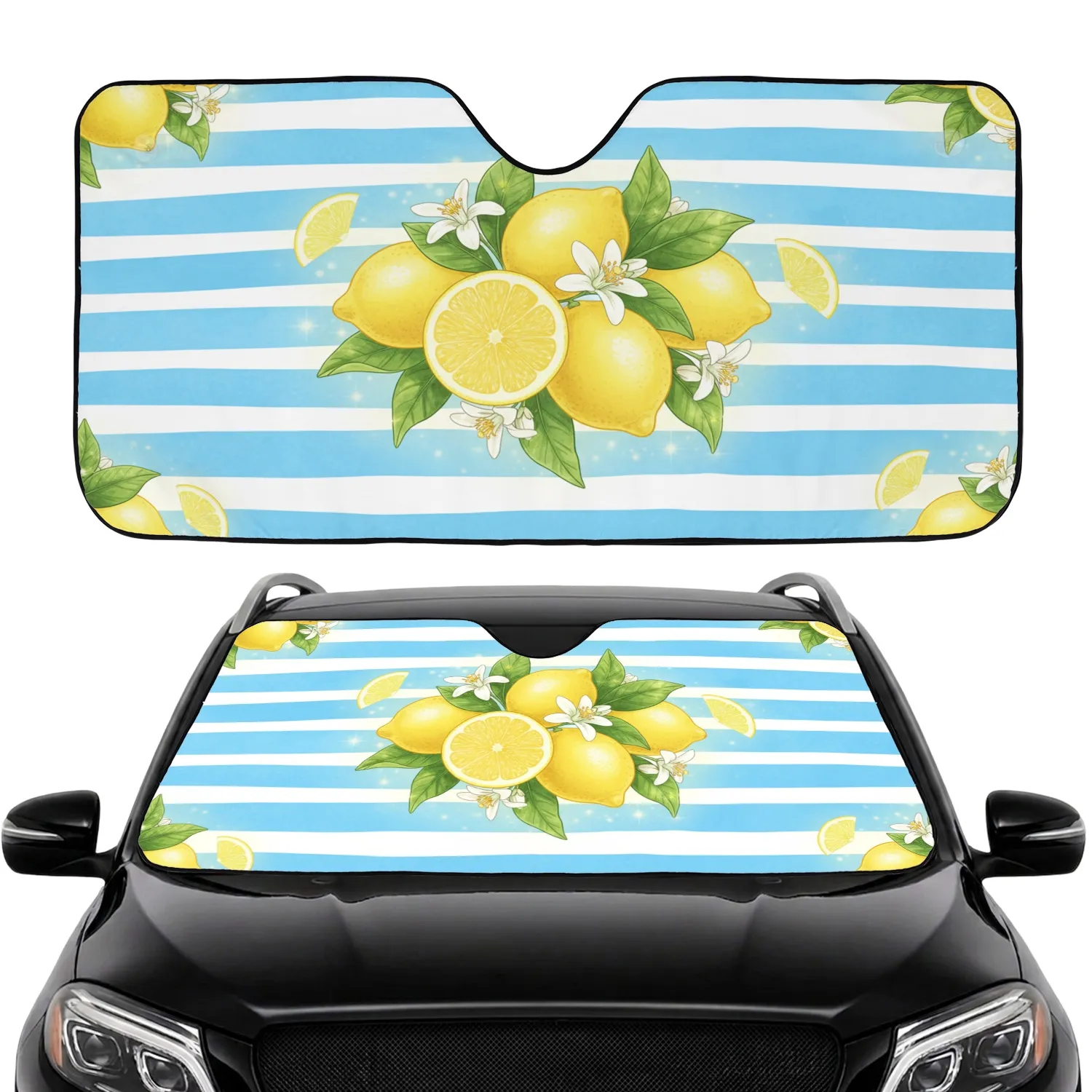 Ripe Whole Lemons Lemon Slices Green Leaves White Blossoms Sky Blue Stripes - Fruit Lover Gift Car Sunshade - 1