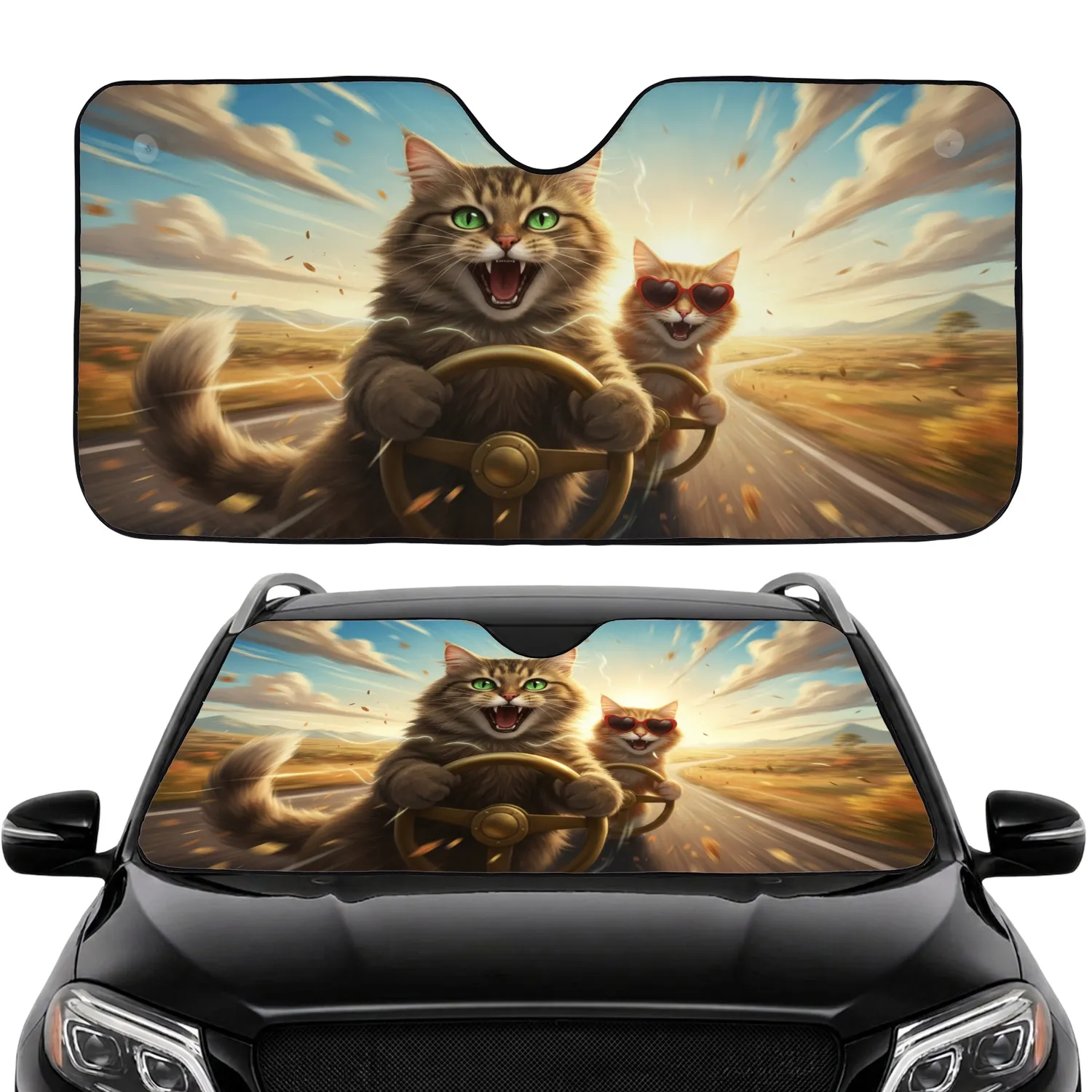 Tabby Cat Roaring Ginger Cat Driving Adventure - Cat Lover Gift Car Sunshade - 1