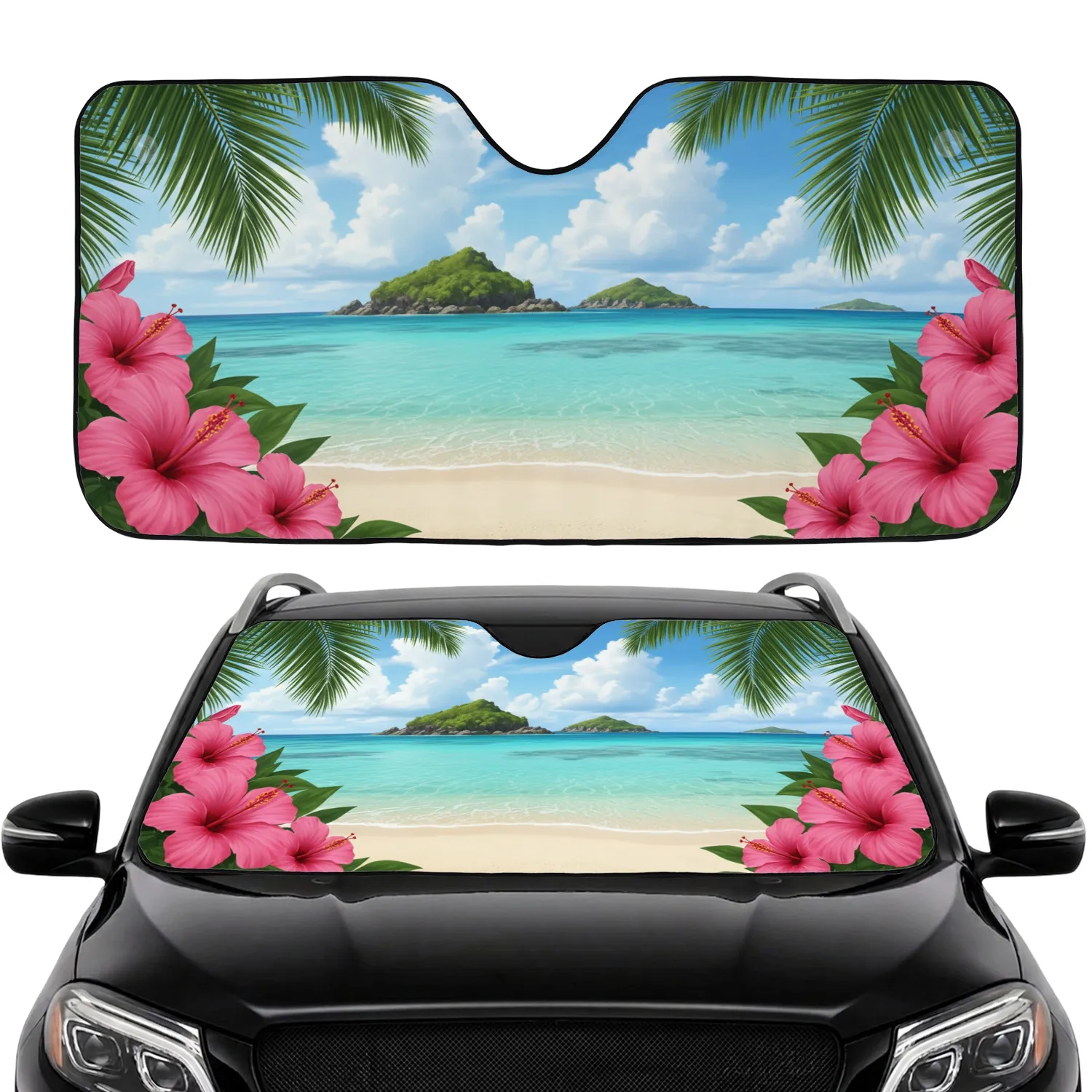 Tropical Beach Hibiscus Palm Fronds Ocean Scene - Summer Travel Essentials Gift Car Sunshade - 1
