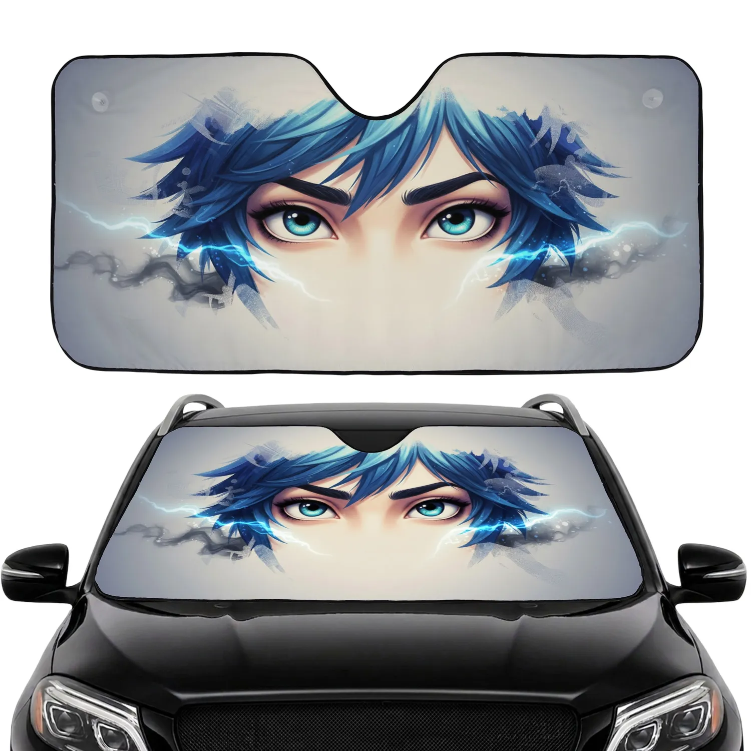 Intense Gaze Blue Eyes Spiky Hair - Animated Feature Character Design Art Gift Car Sunshade - 1