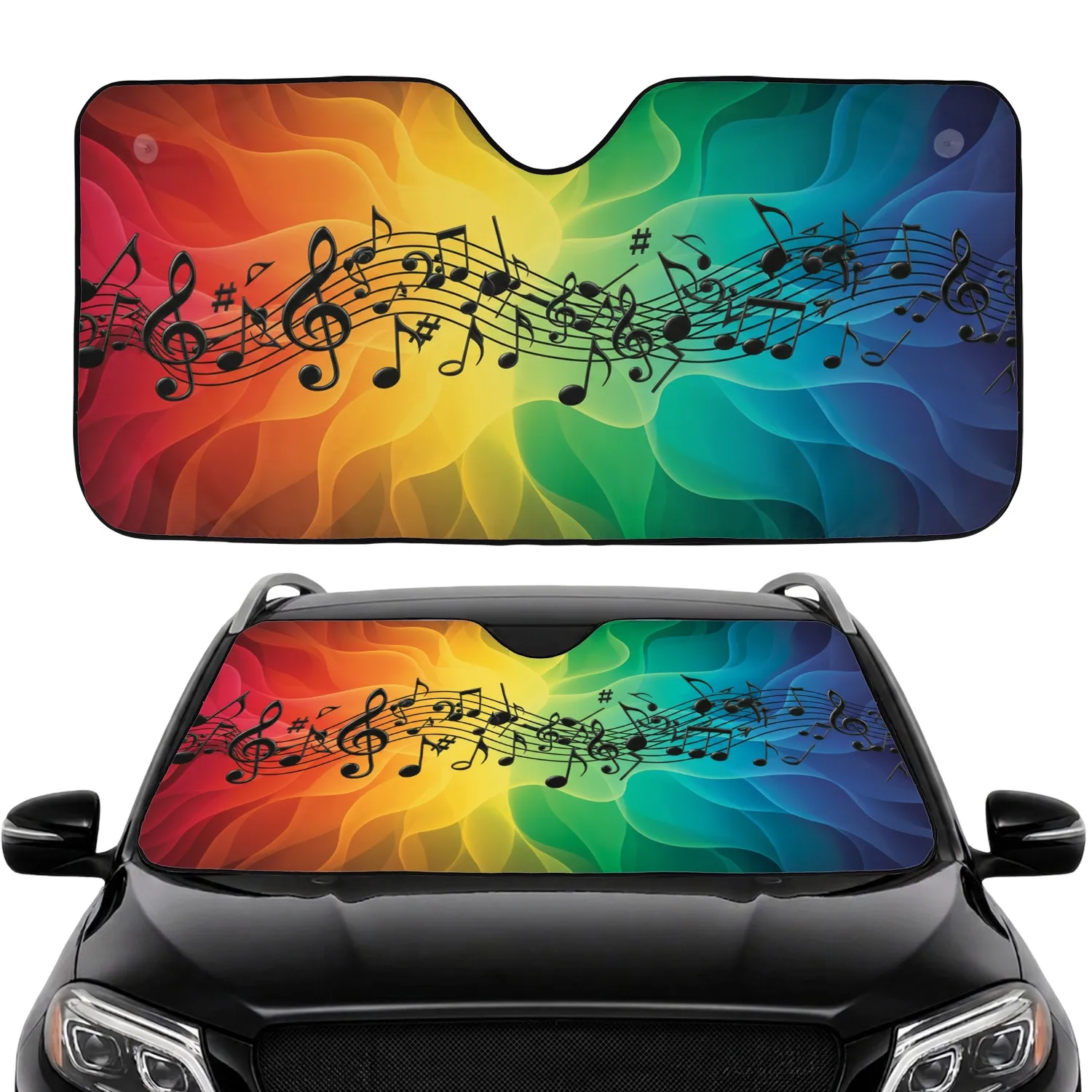 Dynamic Flowing Music Notes Staff Lines Colorful Gradient Waves - Music Lover Gift Car Sunshade - 1