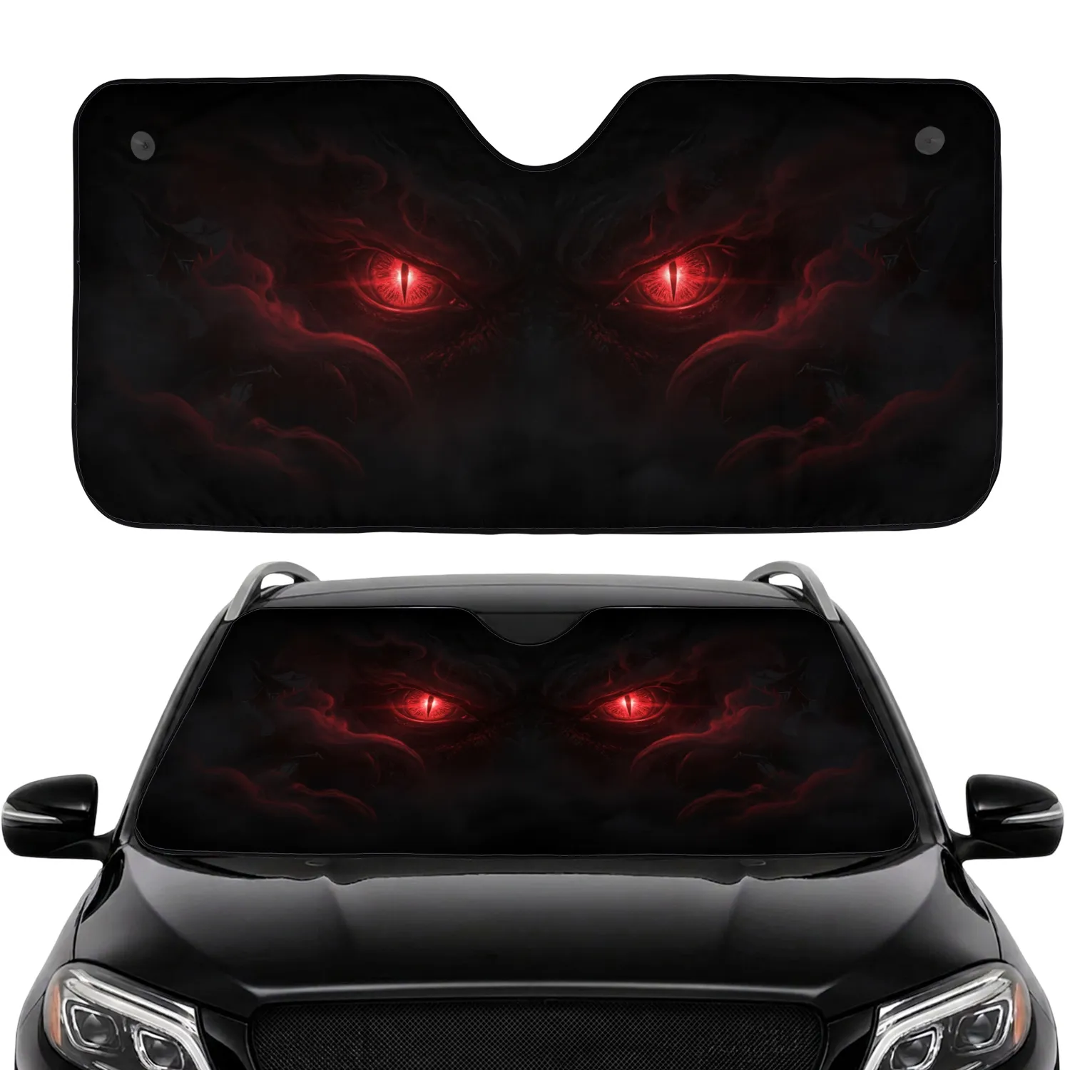 Ominous Predatory Glowing Crimson Eyes Colossal Shadowed Form - Dark Fantasy Gift Car Sunshade - 1