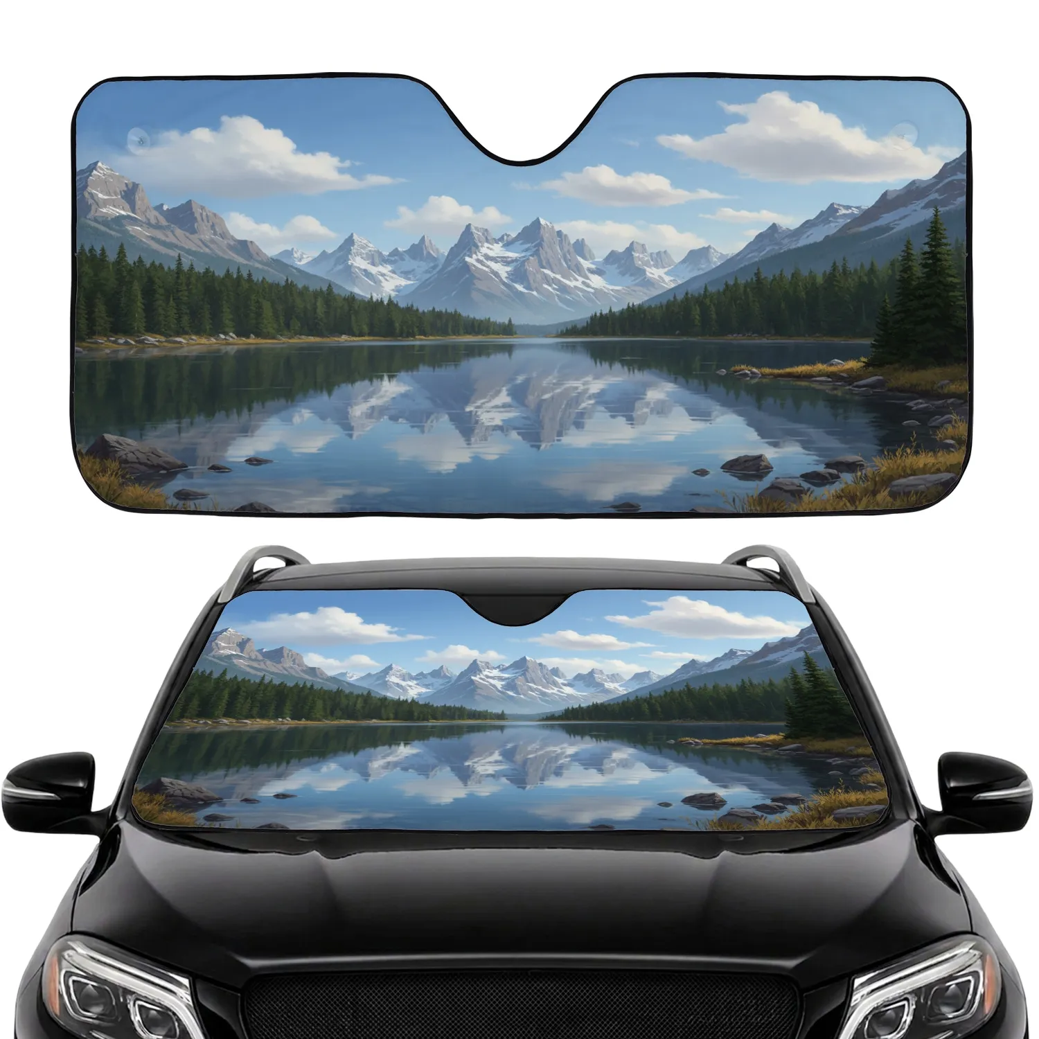 Snow-Capped Alpine Lake Panorama - Nature Lover Gift Car Sunshade - 1