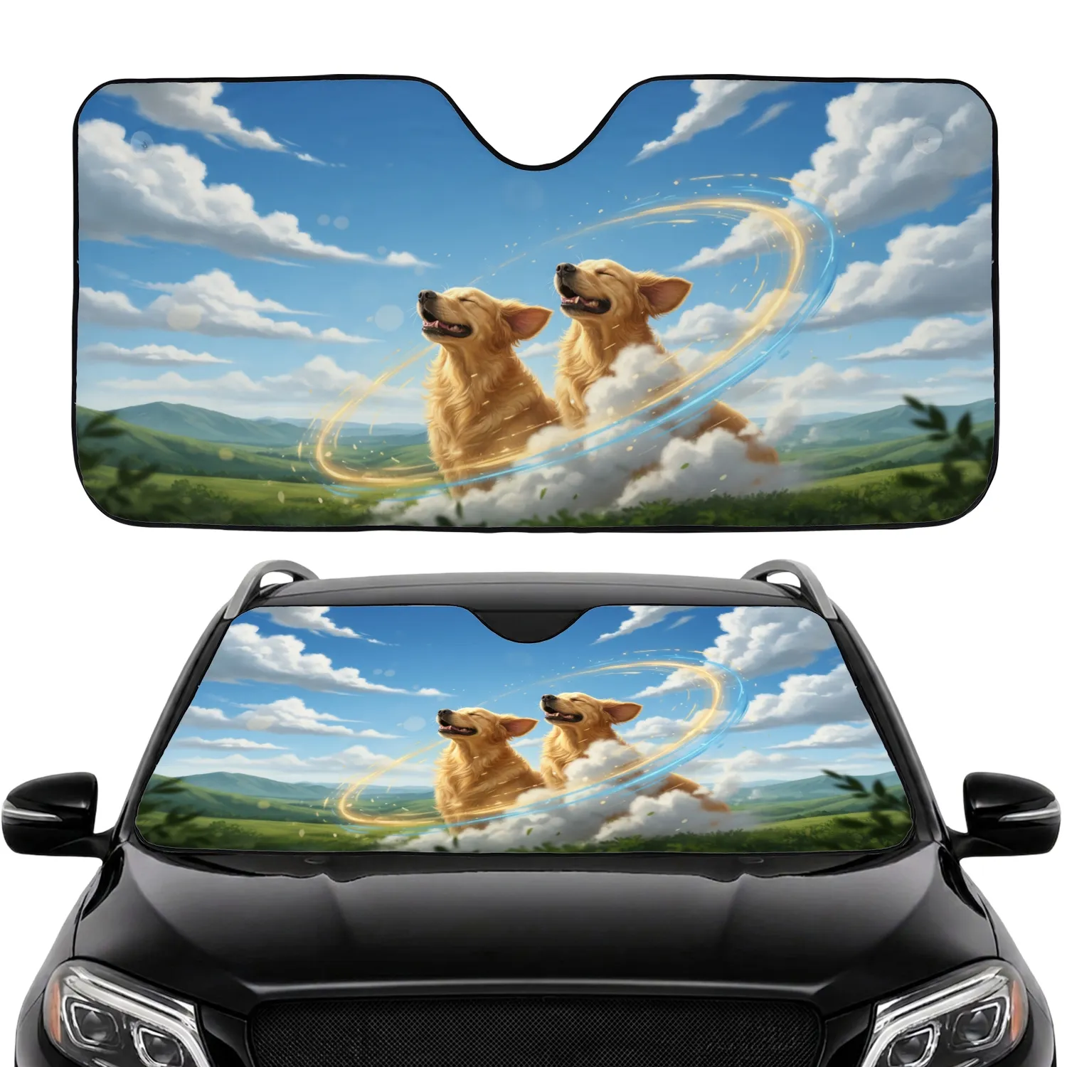 Blissful Golden Retrievers Sky Hills Scenic - Outdoor Adventure Pet Parent Gift Car Sunshade - 1