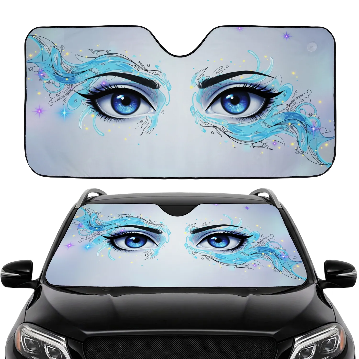 Blue Glistening Anime Eyes Starbursts Yellow Dots Swirls - Car Interior Decor Car Sunshade - 1